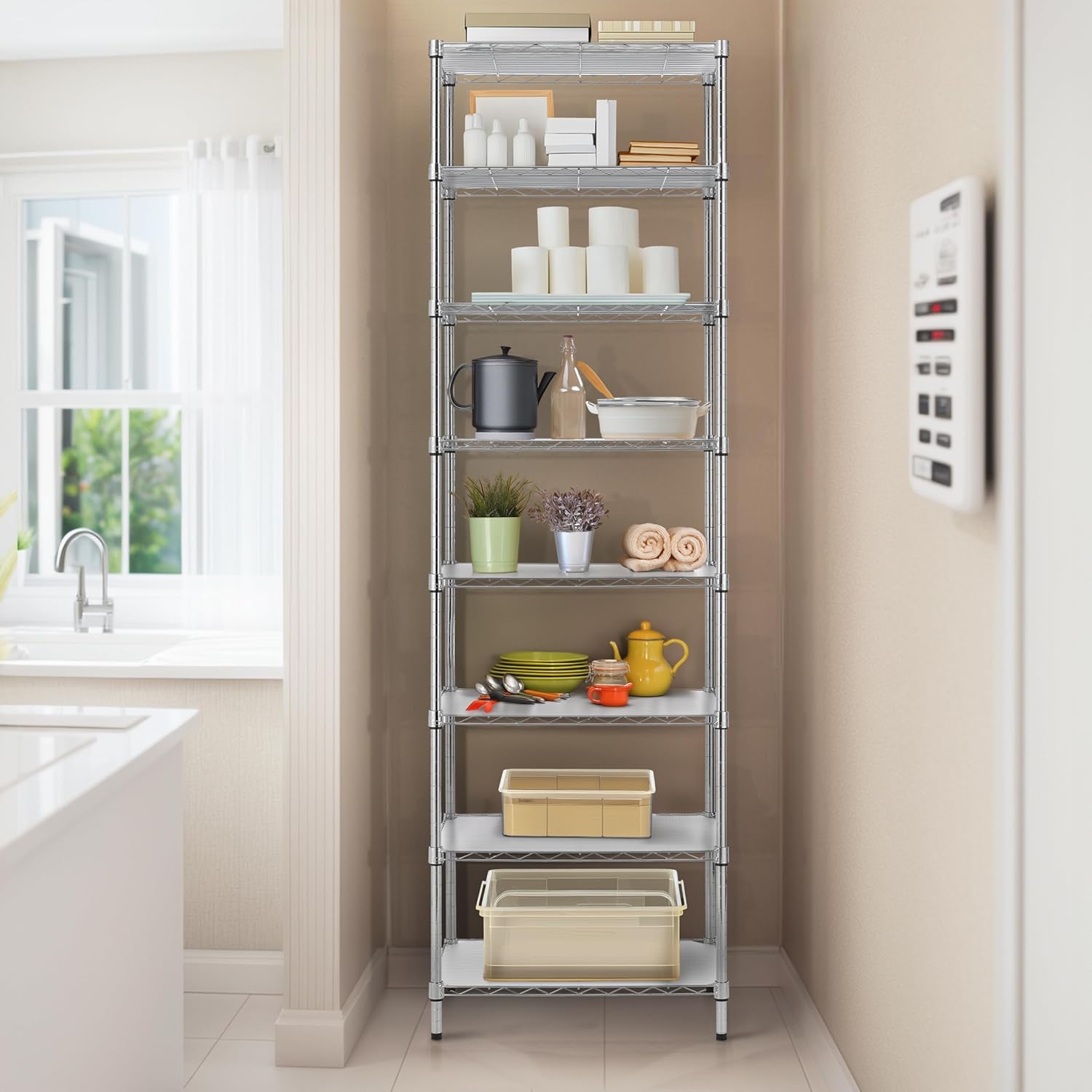 Finnhomy 8-Tier Wire Shelving Unit Adjustable Steel Wire Rack Shelving, 80.7 Inches Height 8 Shelves Metal Storage Rack, Pantry Shelves for Storage with PE mat, NSF Certified, Chrome