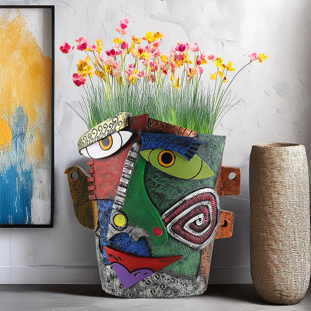 TOZLU Art Abstract Face Planters Pots Head,Unique Fun Abstract Face Flower Pot Ornaments Head Planter Pots Container Colorful Resin Flower Pot for Home and Garden Decor(Picasso Abstract Flowerpot)