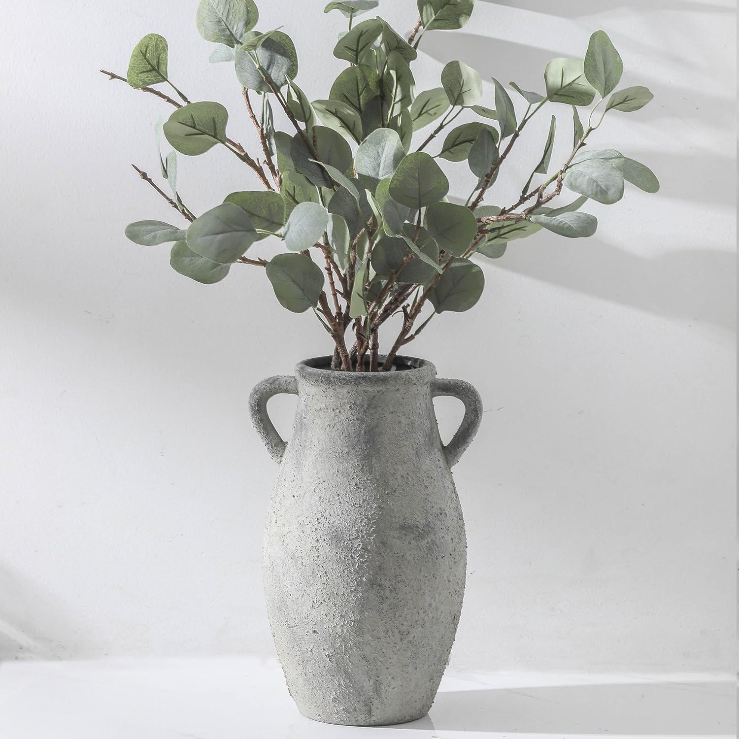 Large Ceramic Rustic Vase,11.3 inch Tall Farmhouse Flower Vase with 2 Handles for Home Decor, Living Room Entryway Table Centerpiece Decor