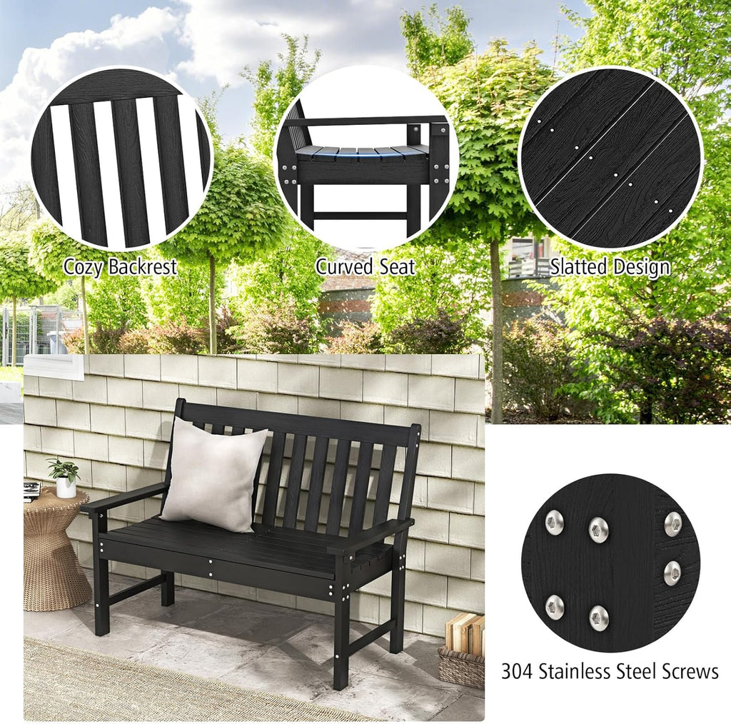 Giantex Outdoor Bench, 52-Inch Outside Bench All-Weather HDPE Park Bench with Backrest and Armrests, 705 lbs Weight Capacity, 2-Person Slatted Patio Bench for Porch, Yard, Lawn, Garden Bench (Black)