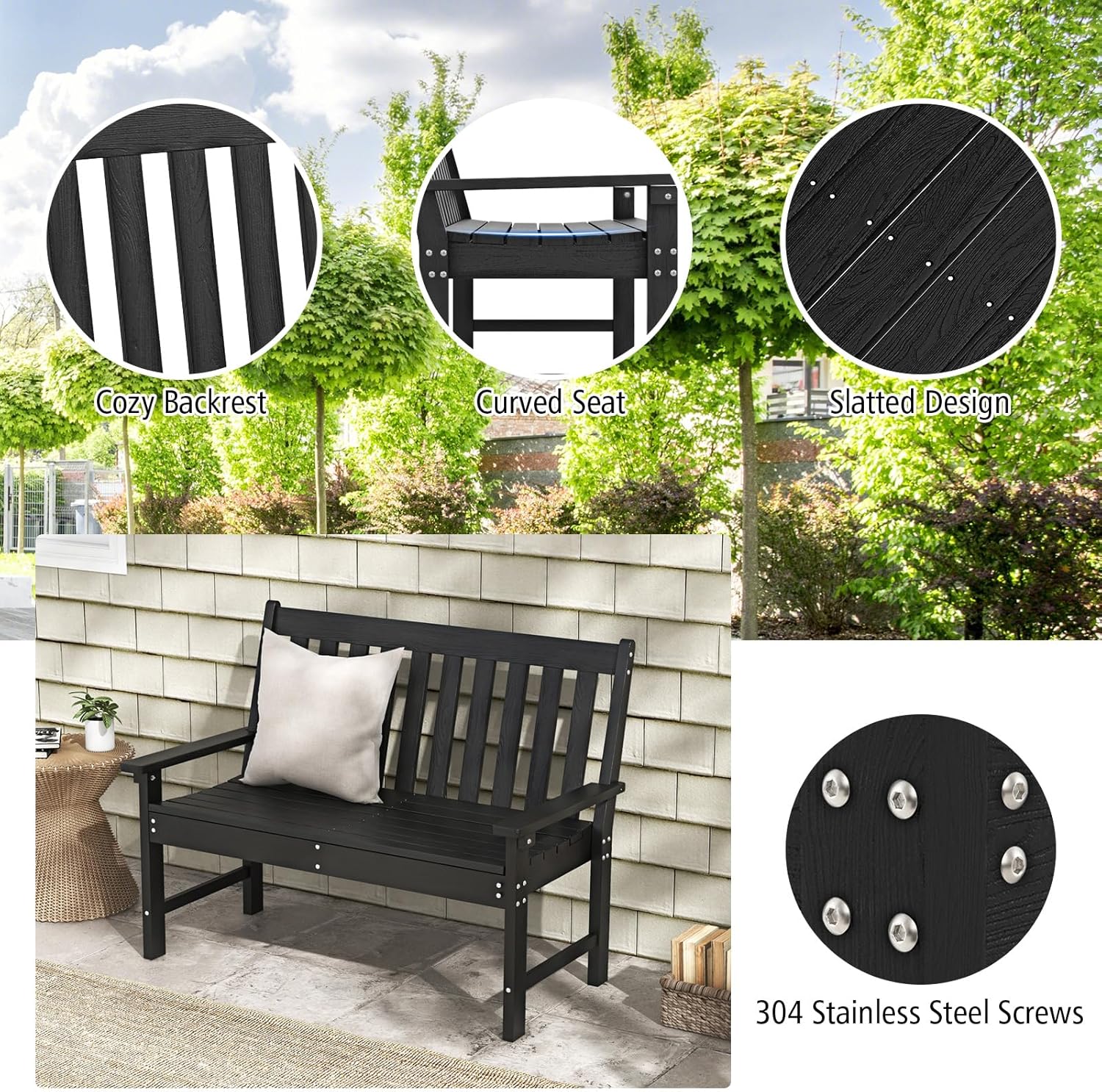 Giantex Outdoor Bench, 52-Inch Outside Bench All-Weather HDPE Park Bench with Backrest and Armrests, 705 lbs Weight Capacity, 2-Person Slatted Patio Bench for Porch, Yard, Lawn, Garden Bench (Black)
