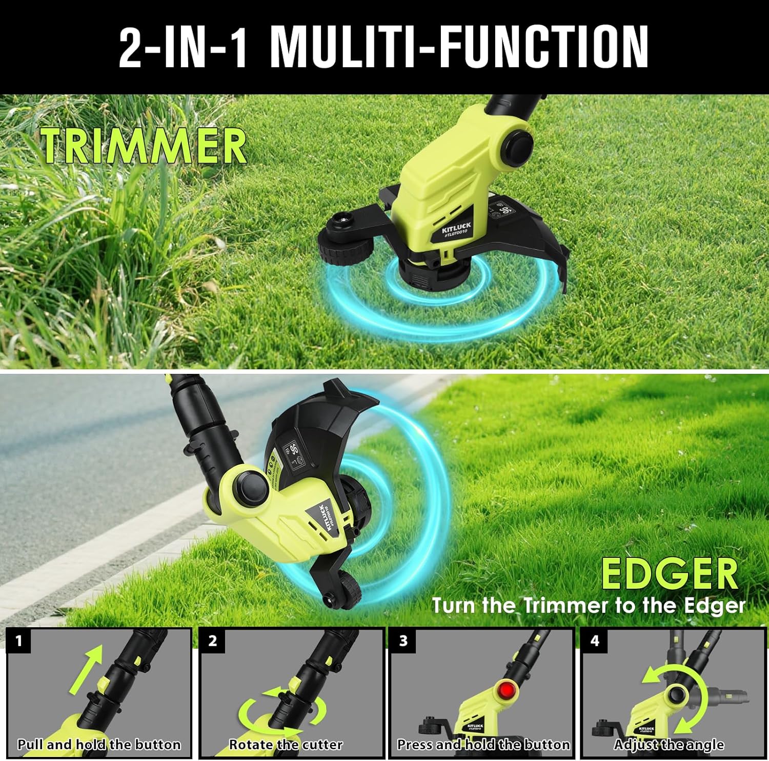 KITLUCK 20V Cordless Grass Trimmer, Electric Lawn Mower Weed Cutter with Auto Line Feed, 12-inch String Trimmer Edger Lawn Tool with 4 PCS Spool Line and 2.0Ah Battery for Lawn Care, Yard, Garden