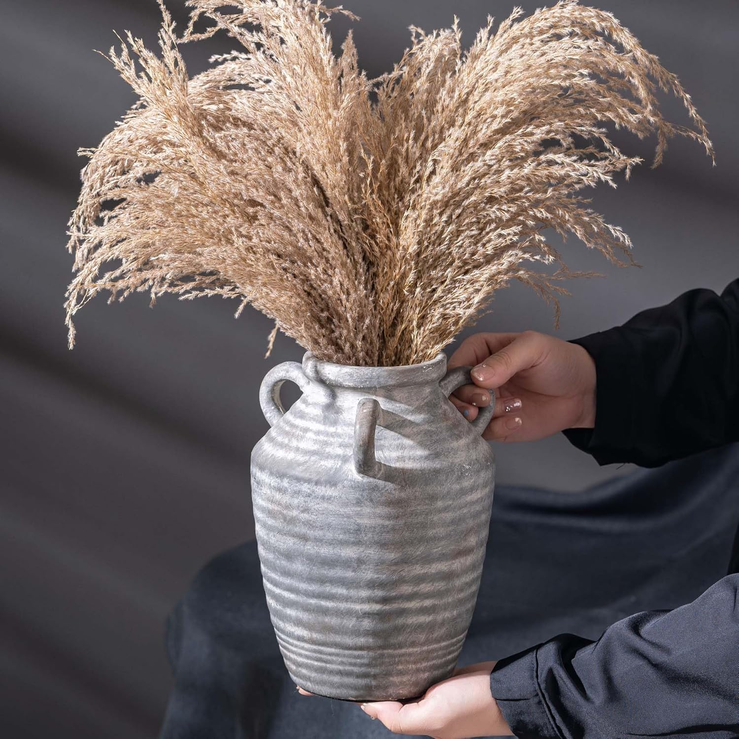 Grey Terracotta Ceramic Vase with Handles, Vintage Rustic Pottery Vases for Table Centerpiece, Cottage Core Home Decor, Large Flower Vases for Bouquet Entryway Mantel Bookshelf Living Room 8.9 Inch