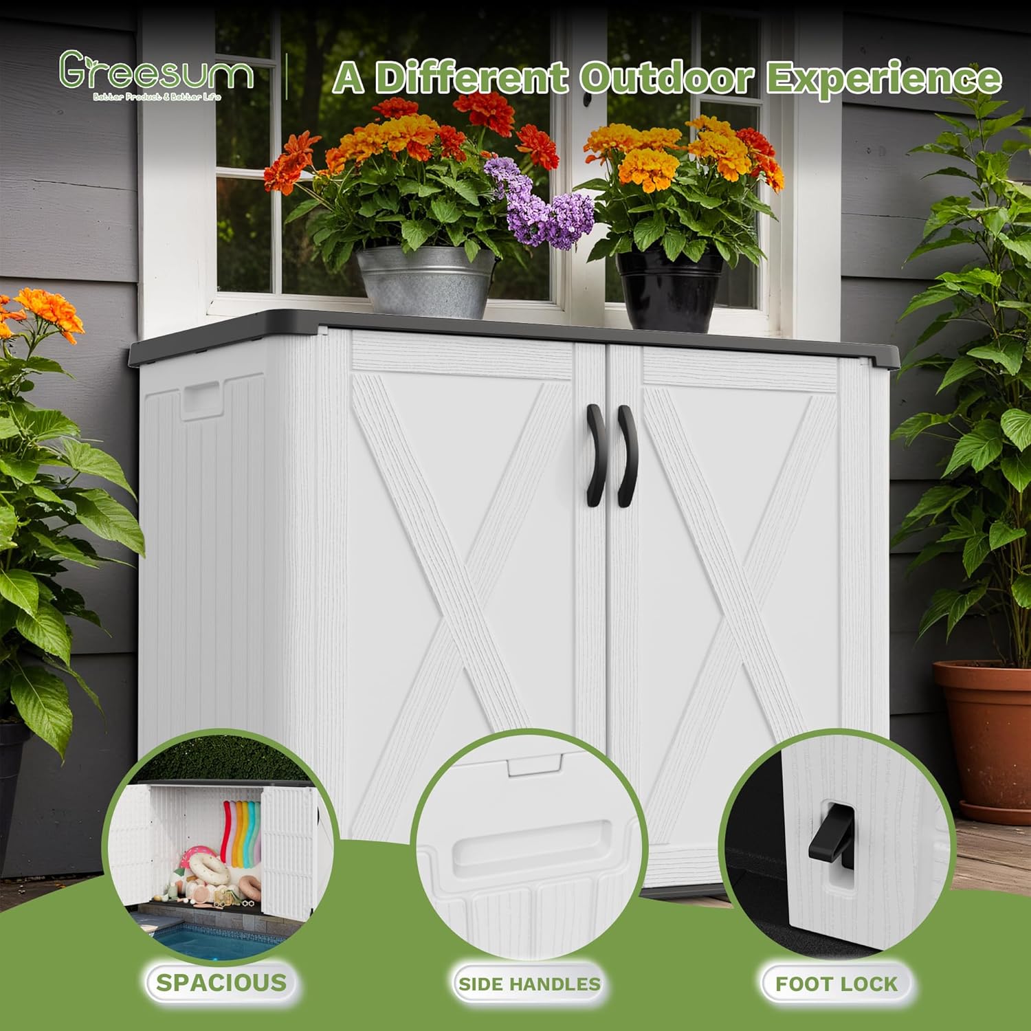 Greesum Outdoor Storage Cabinet, 25 Cu.Ft Deck Box Without Shelves, Waterproof Plastic Storage Bin for Patio Cushions, Gardening Tools, Lockable and Sidehandles, UV Resistant, White