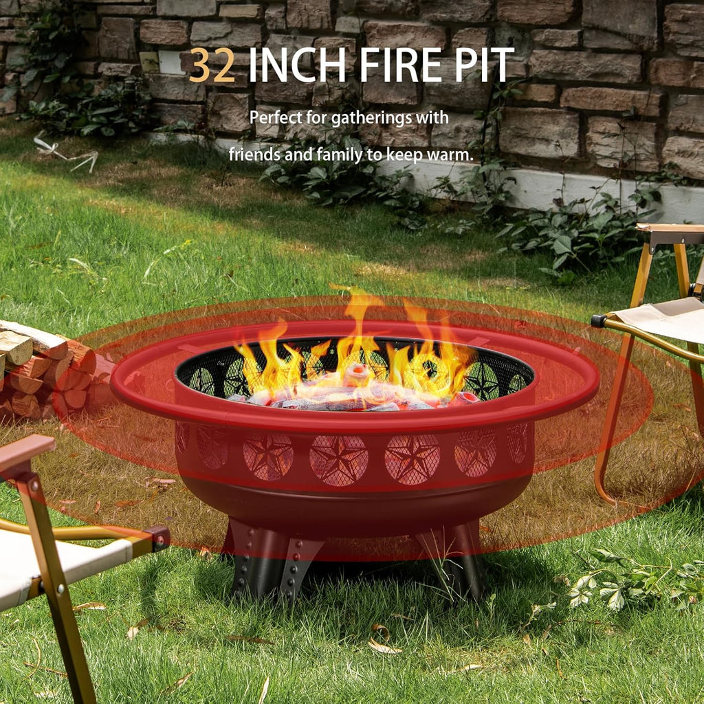 32 Inch Fire Pit with Swivel Cooking Grate,3-in-1 Wood Burning Firepit with Grill,Outdoor Fire Pits Table with Metal Lid and Poker for Outside Patio Backyard BBQ Bonfire Camping (32 Inch)