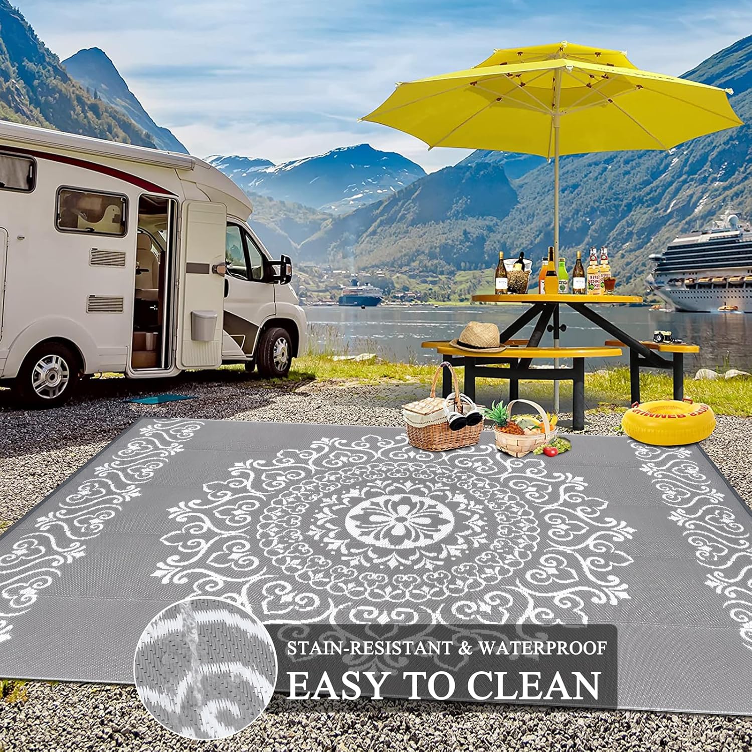 Pauwer Waterproof Outdoor Rug 8x10, Reversible Plastic Straw Patio Camping Rug, Indoor Outdoor RV Mat Carpet for Deck, Camper, Porch, Balcony, Backyard, Picnic, Floral Grey