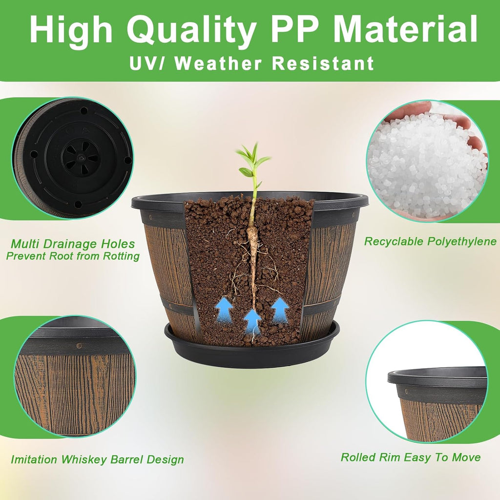10-inch-Plant-Pots-Indoor-Outdoor, 4 Pack Whiskey Barrel Planters with Drainage Holes & Saucer, Plastic Flower Pots Imitation Wine Barrel Design, Decorative Garden Pots for Plants