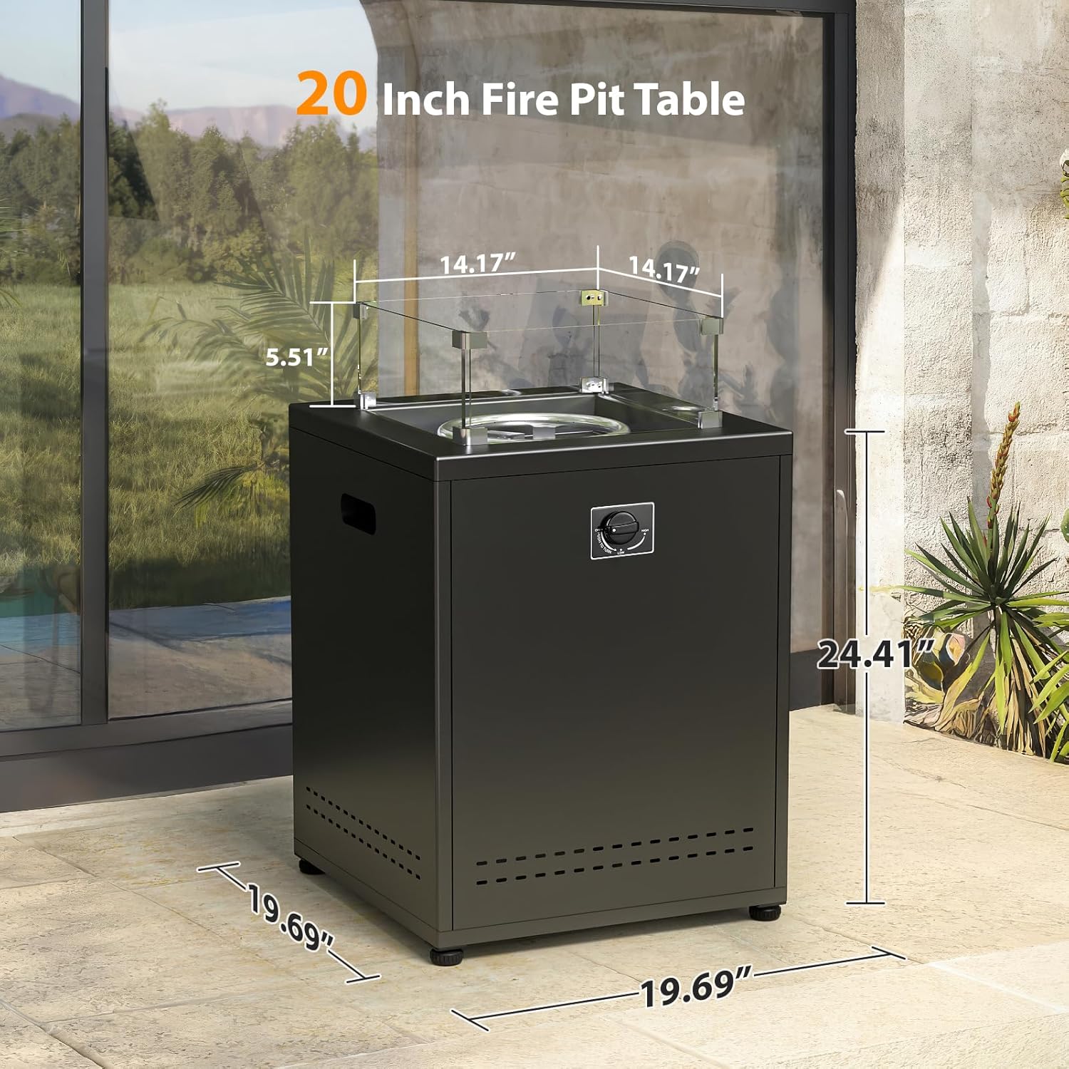 Fire Pit Table Propane Smokeless Fire Pit Outside Heater Patio with Lava Rocks，Glass Wind Guard and Cover,20" Square Fire Pit Table for Balcony Garden Outdoor Camping Deck Backyard,Black