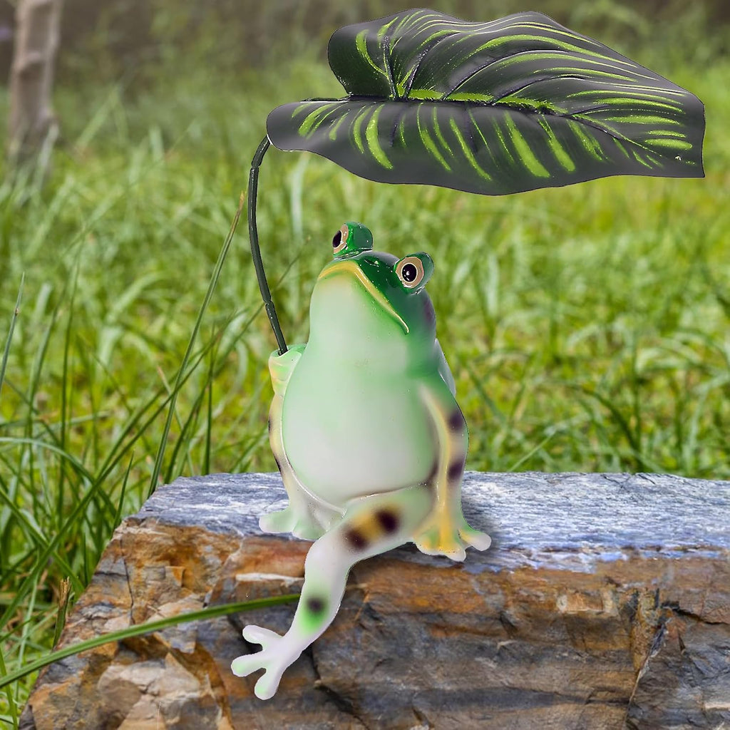 Frog Statue for Garden Outdoor Resin Frog with Leaf Umbrella Patio Lawn Porch Yard Indoor Home Decoration, Birthday Holiday Decor for Women Mom Grandma Garden Lovers