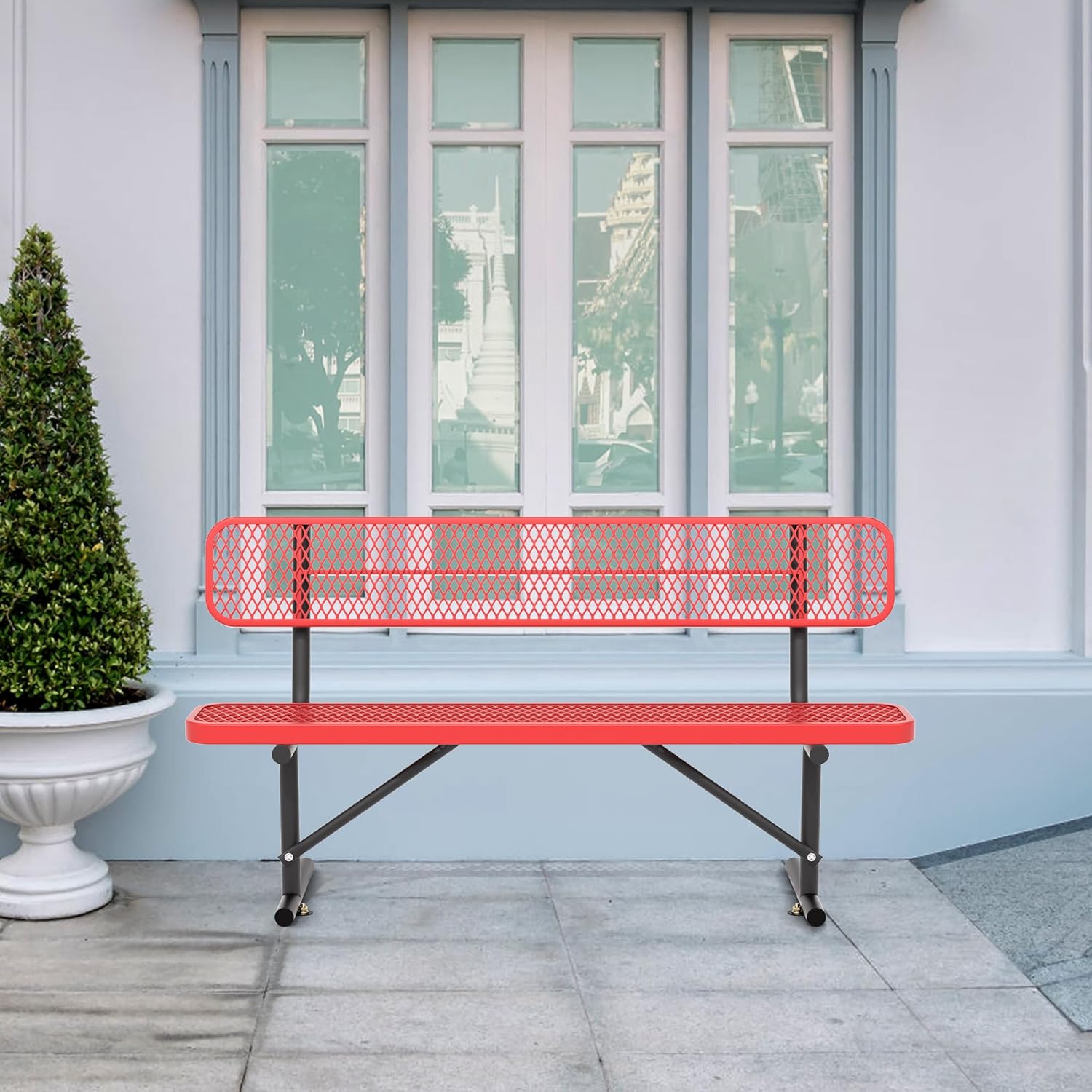 6 Feet Heavy Duty Metal Park Bench for Outside, Outdoor Bench with Backrest & Portable Frame, Commercial Benches for Shopping Malls, Stores, Parks, Patios, Decks, Red