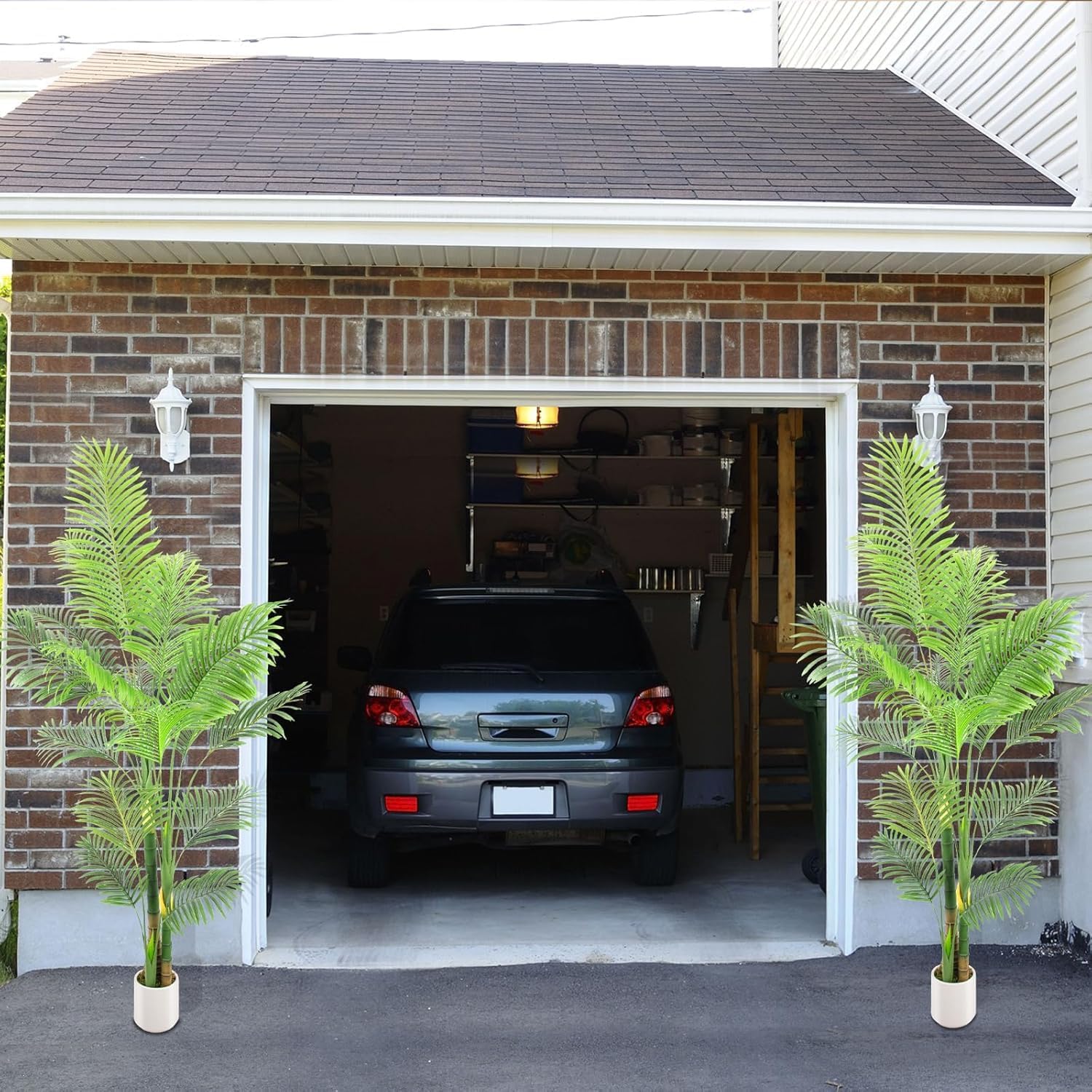 Artificial Fake Palm Tree 7FT 2Pack with White Planter & Free Moss, UV Resistant Artificial Palm Tree for Outdoors, Fake Plants for Poolside Home Room Decor, Faux Plants Outdoor Decor