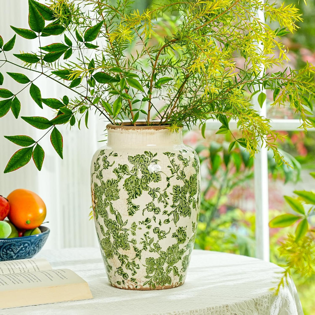 Sungmor Ceramic Flower Vase, Vintage Ice Cracked Glaze Porcelain Vase, Pretty Home Decor Vase for Flower Arrangement, Fresh Flowers, 10.2 Inch Tall Chinoiserie Pottery Vase, Green Floral Pattern