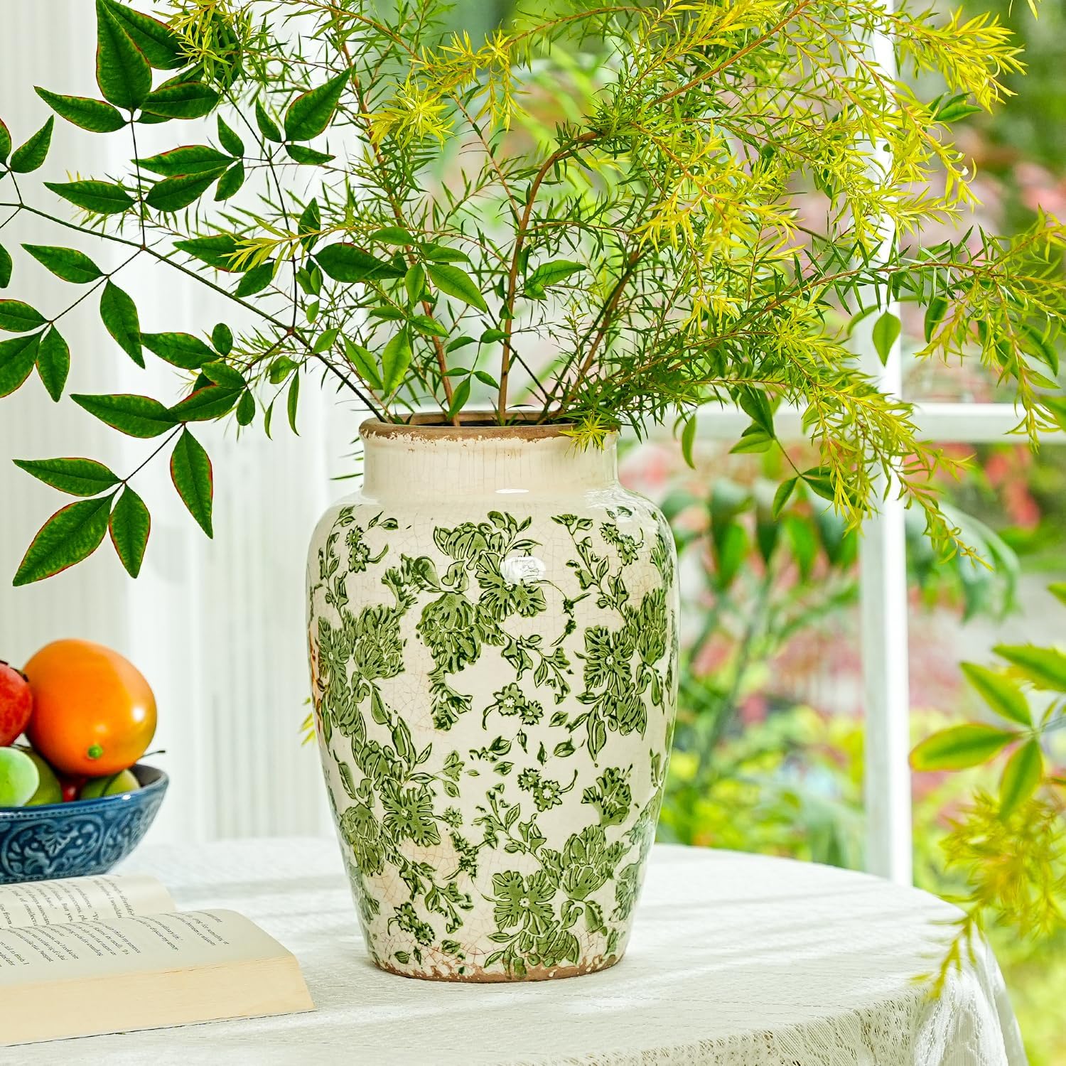 Sungmor Ceramic Flower Vase, Vintage Ice Cracked Glaze Porcelain Vase, Pretty Home Decor Vase for Flower Arrangement, Fresh Flowers, 10.2 Inch Tall Chinoiserie Pottery Vase, Green Floral Pattern