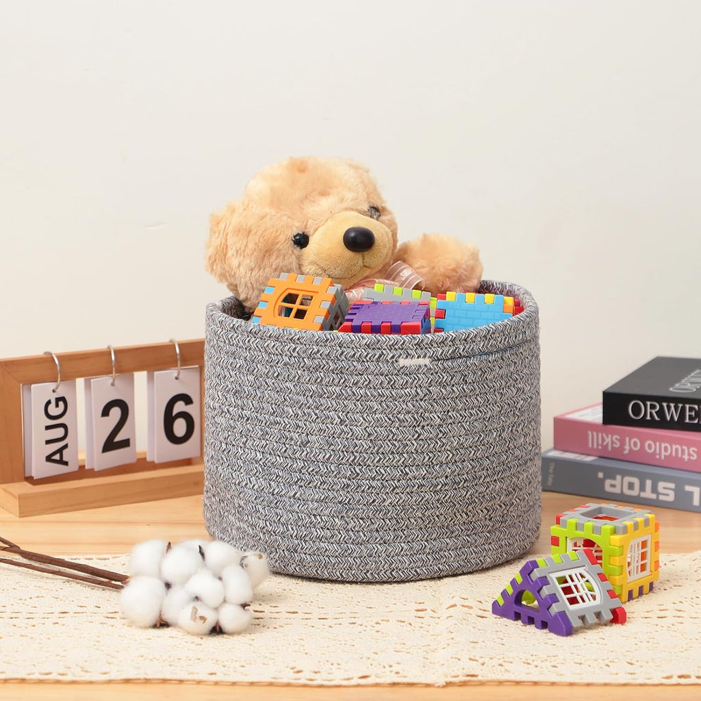 Small Basket for Organizing | Cube Shelf Closet Storage Baskets | 9.7×9.7×7.1” | Woven Rope Gift Basket | Nursery | Round 3 Packs Mixed Grey