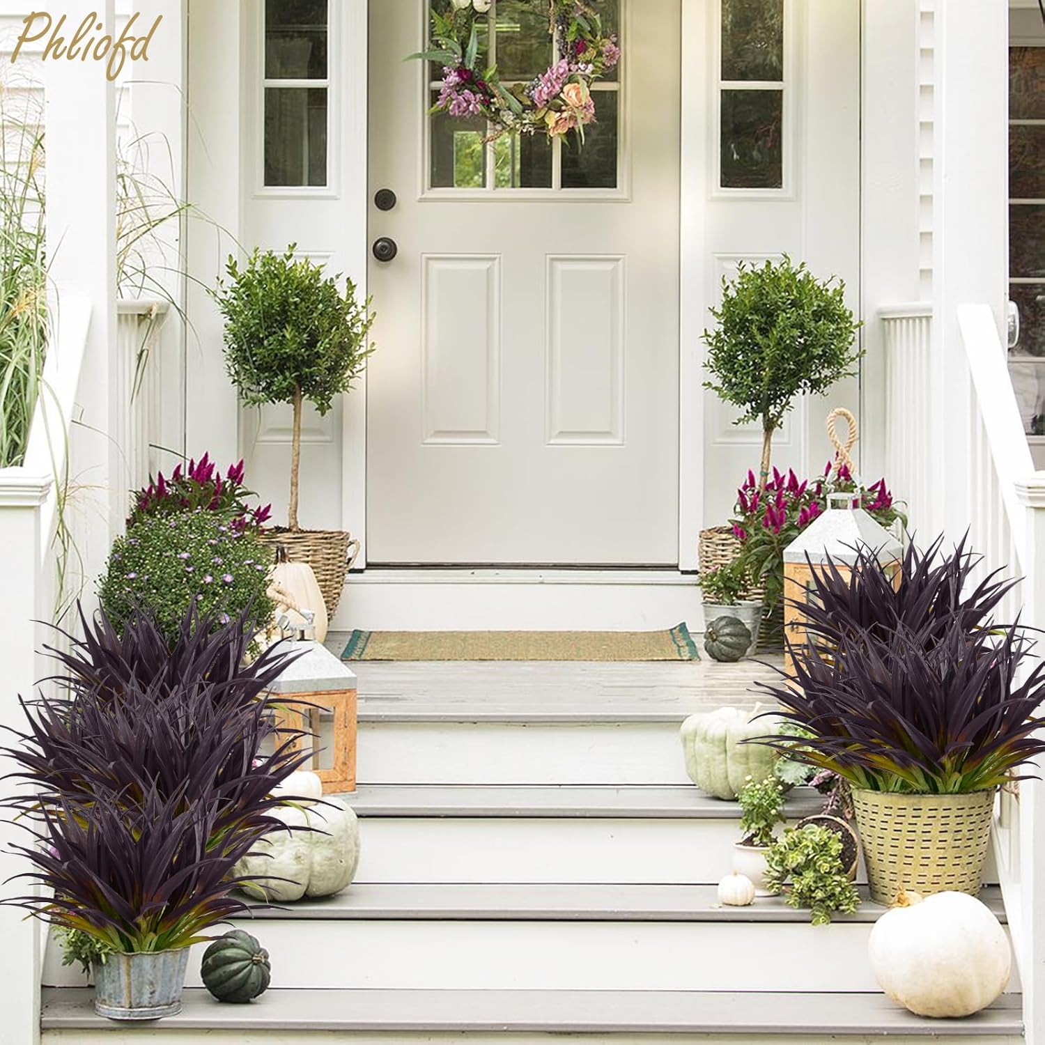 6Pcs Artificial Grass Fake Grass Plants 17.3in Outdoor Plants UV Resistant Faux Greenery Stems for Home Window Garden Office Patio Pathway Front Porch Halloween Décor Light Green & Purple