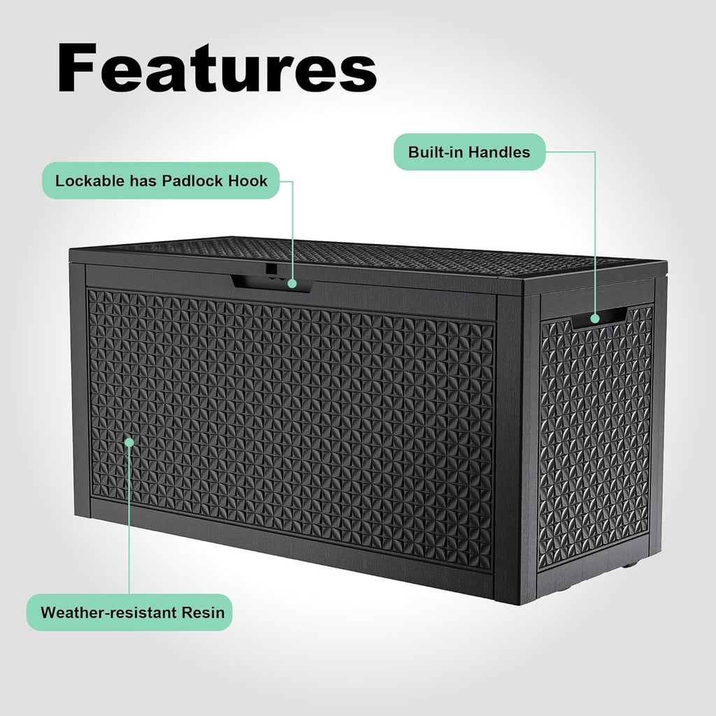 100 Gallon Resin Deck Box, Lockable Outdoor Storage Box for Patio Cushions Storage Furniture,Garden Tools, Pool Supplies, Weatherproof and UV Resistant（Black L）