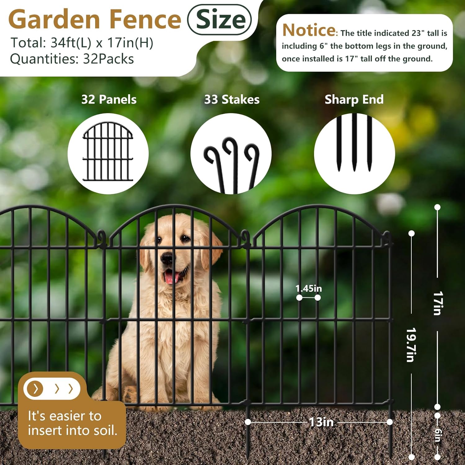 32 Panels Garden Fence, 34ft x 23in Animal Barrier Fences for Rabbits Dogs, Rustproof Metal Gardens Border Fencing, Arched Decorative Flower Bed Edging Barriers for Outdoor Yard Patio