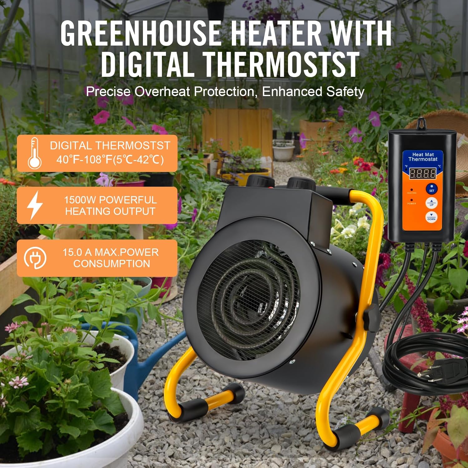 Greenhouse Heater with Digital Thermostat, Green House Heater for Plants,1500W Electric Grow Tent Heaters, Overheat Protection, Fast Heating for Green House, Flower Room, Black