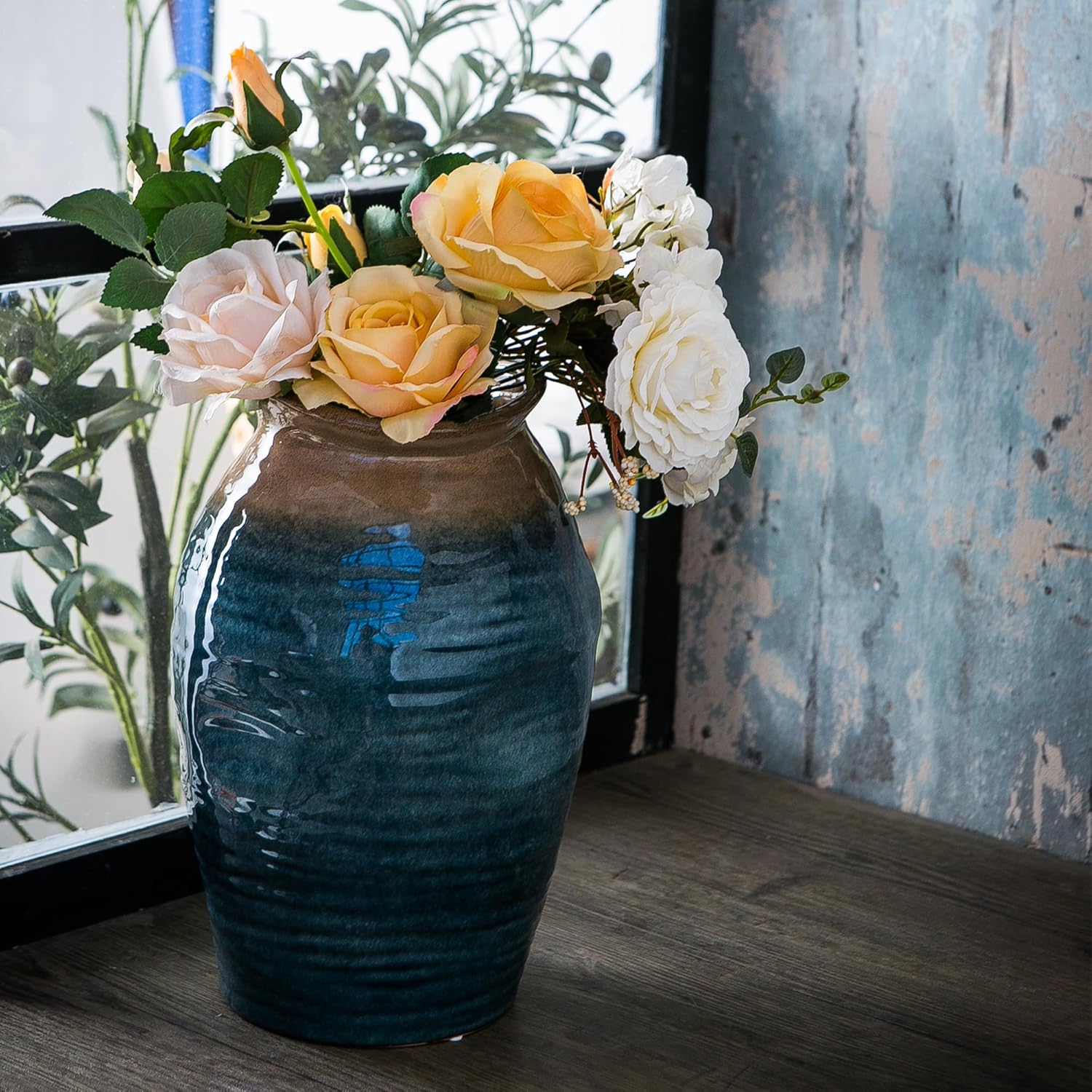 Blue Floor Vase, Ceramic Glazed Large Vase for Modern Farmhouse Home Decor, Rustic Terracotta Pottery, Vintage Clay Vase for Living Room Entryway Centerpiece