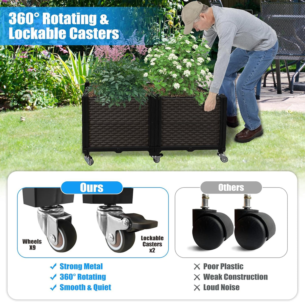 Raised Plant Box with Wheels 31.5"x15.7"x16.1", Raised Beds for Gardening Self Watering, Durable Metal Lockable Casters, Rectangular Garden Planter Perfect for Garden Patio Balcony Deck