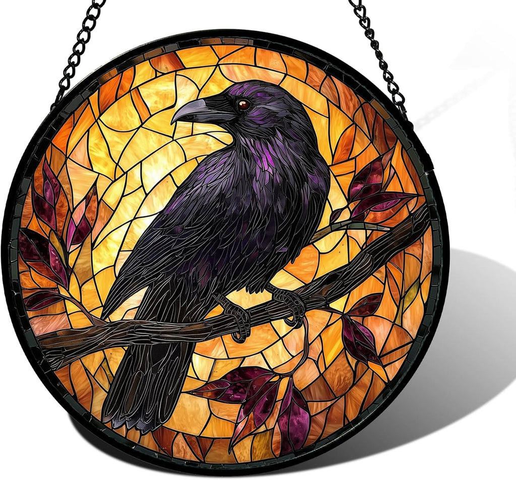 Stained Glass Window Hanging - Crow on a Branch Suncatcher Ready to Hang Window Doors Home Decoration and Christmas, Mother's Day Birthday Gifts for Women, Men, and Mom 6.3x6.3 in
