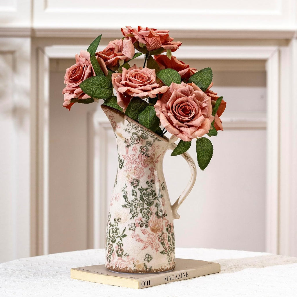 Vintage Ceramic Pitcher Vase with Handle, Farmhouse Green and Pink Large Floral Vases, Chinoiserie Decorative Vase, Rustic Table Centerpiece for Home Decor Living Room, Bookshelf, Office 10.5 Inch