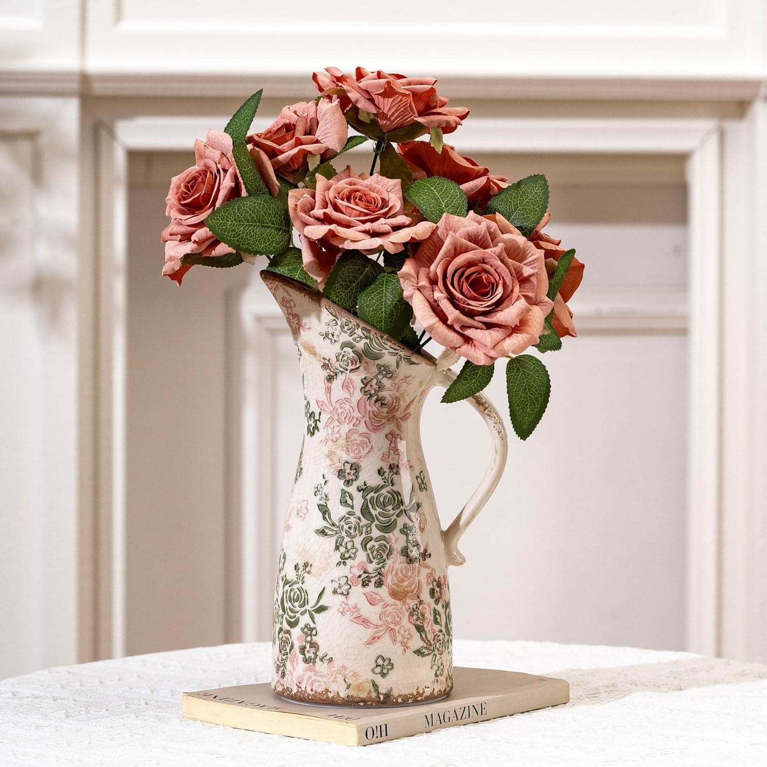 Vintage Ceramic Pitcher Vase with Handle, Farmhouse Green and Pink Large Floral Vases, Chinoiserie Decorative Vase, Rustic Table Centerpiece for Home Decor Living Room, Bookshelf, Office 10.5 Inch