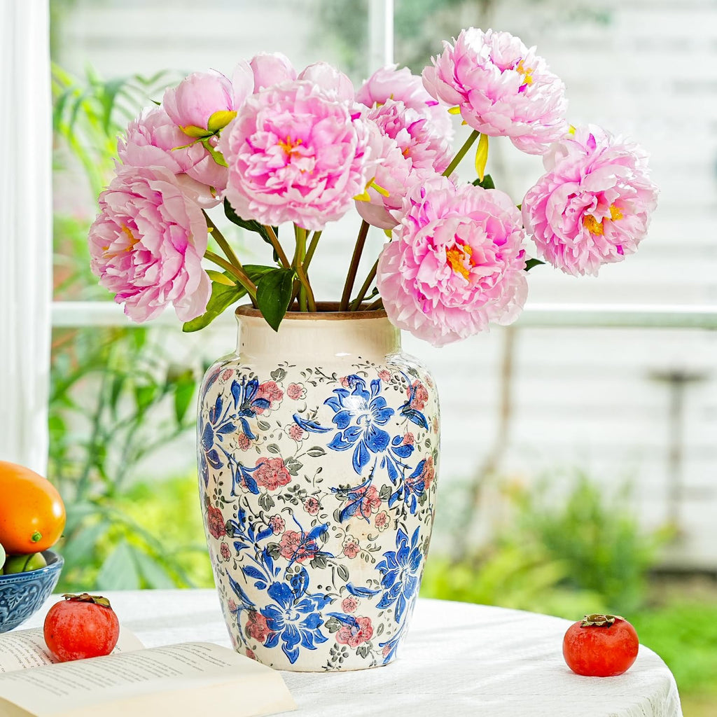 Sungmor Ceramic Flower Vase, Vintage Ice Cracked Glaze Porcelain Vase, Pretty Home Decor Vase for Flower Arrangement, Fresh Flowers, 10.2 Inch Tall Chinoiserie Pottery Vase, Blue Floral Pattern