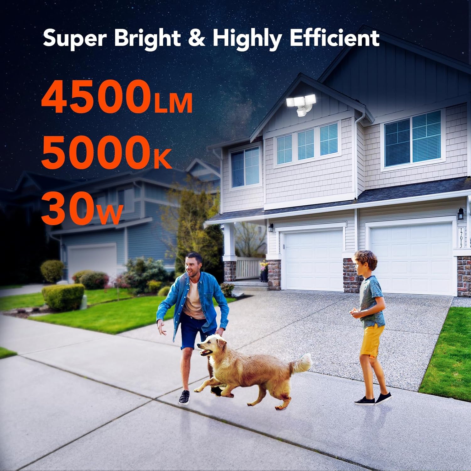 OREiN 2 Pack Motion Sensor Outdoor Lights, 4500LM/30W and 180°/50FT Big Motion Sensor, Dusk to Dawn Flood Lights Outdoor IP65 Waterproof 3 Modes LED Security Light for Garage, Yard, White (Hardwired)