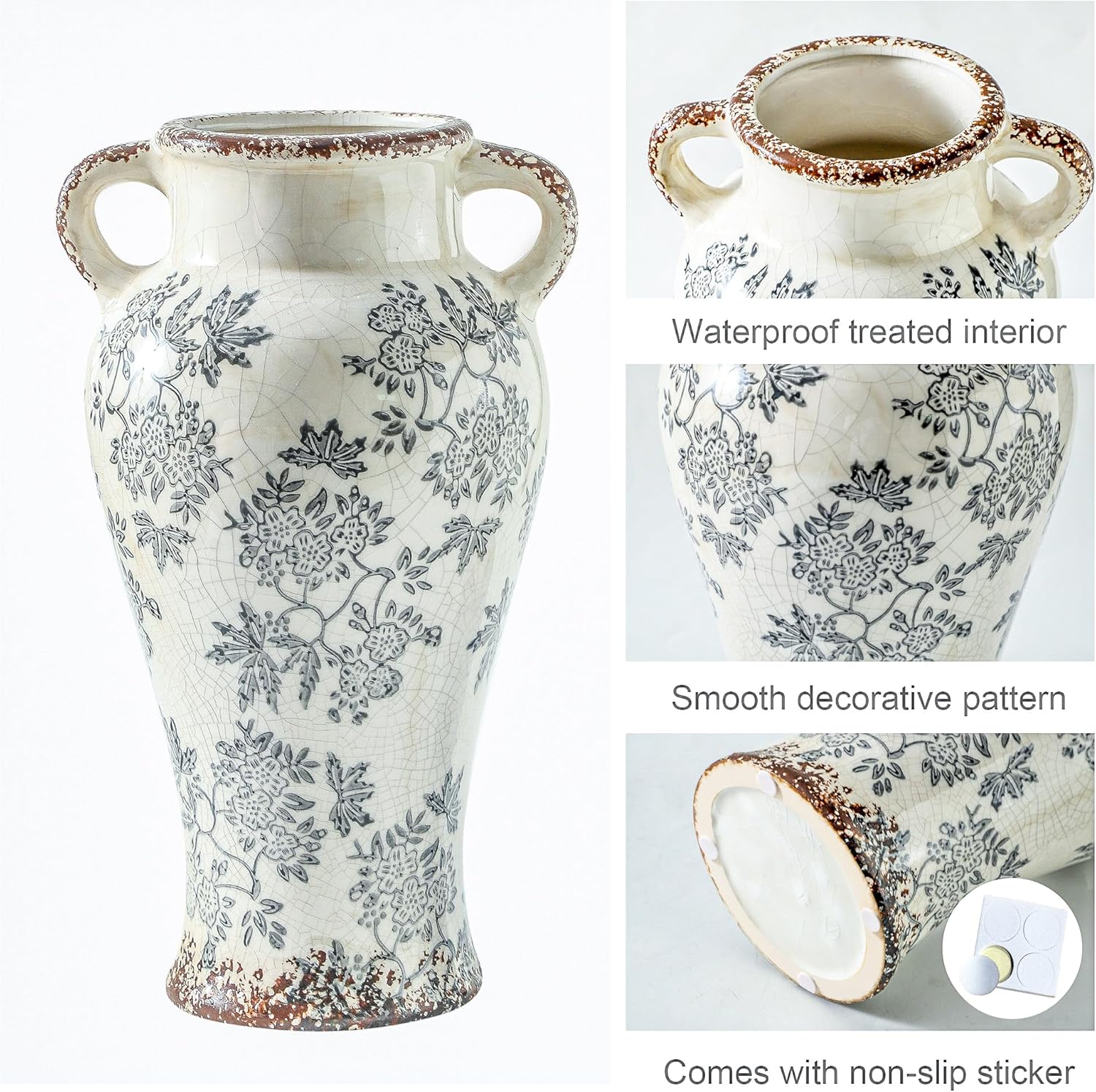 Enra Vintage vase with Handle,12.6 inch Blue and White Ceramic Decorative Flower vase, Chinoiserie Floral Vase,Large Rustic Vases for Home Decors, Living Room, Bookshelf, Office