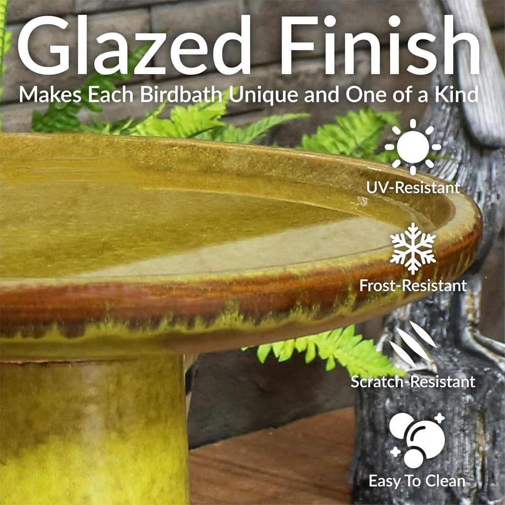 Sunnydaze 21" H Ceramic Bird Bath for Outside - Hand-Painted Outdoor Bird Bath Bowl, UV/Frost-Resistant Finish - Cognac Yellow - Ribbed Pedestal