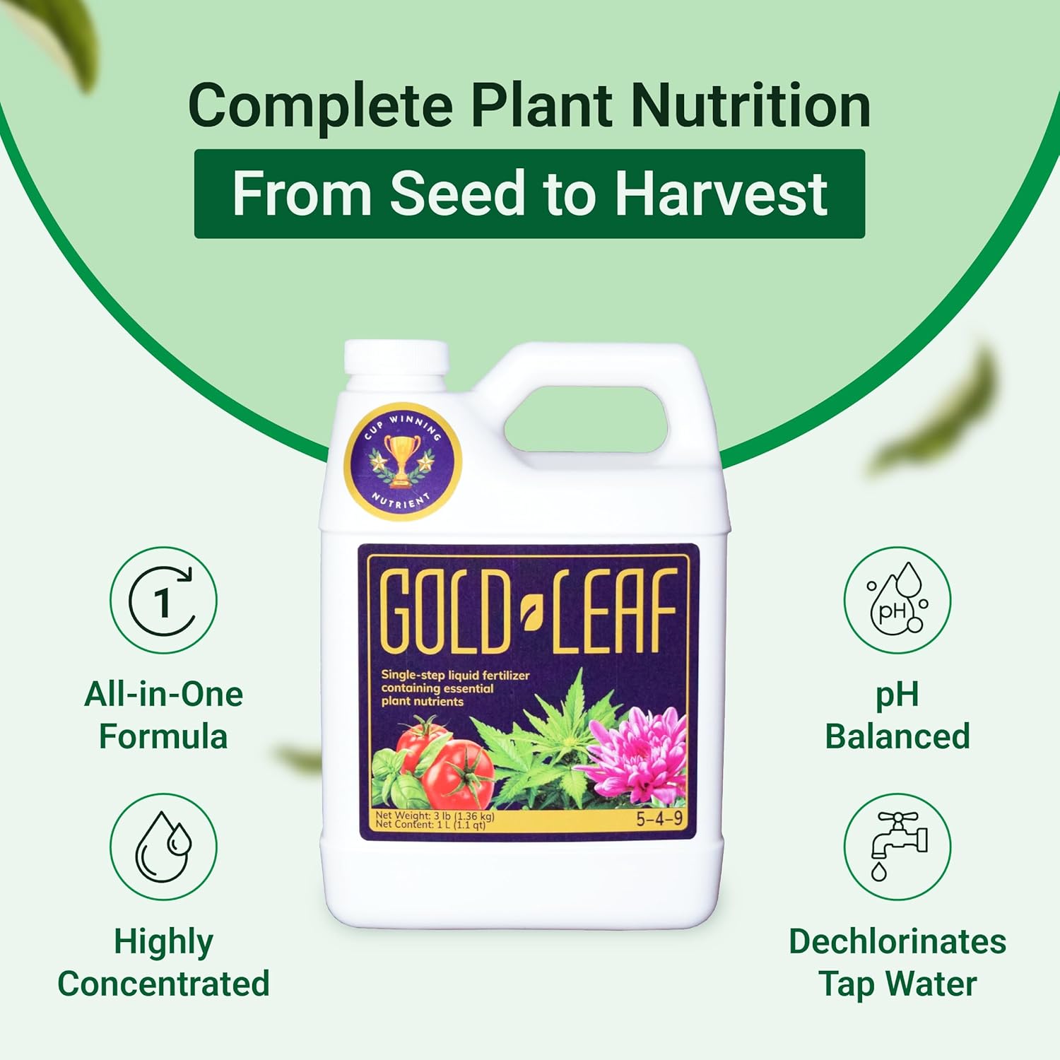1 Gallon Gold Leaf All-in-One Liquid Fertilizer – pH Balanced, Instantly Dechlorinates, No Additives Needed – for Soil, Hydroponics & Coco – Bigger Blooms, Higher Yields, Complete Plant Nutrition