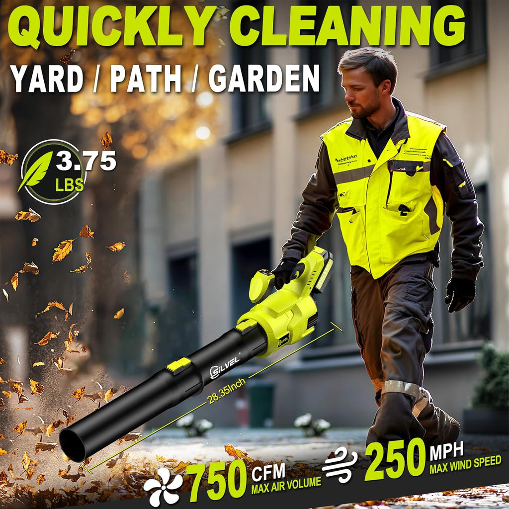 SILVEL Cordless Leaf Blower with 2x6.0Ah Battery and Quick Charger, 750CFM (250MPH) High Power Turbo Leaf Blowers with LCD Screen/Variable Speeds for Lawn Care, Patio, Dust, Blowing Leaves