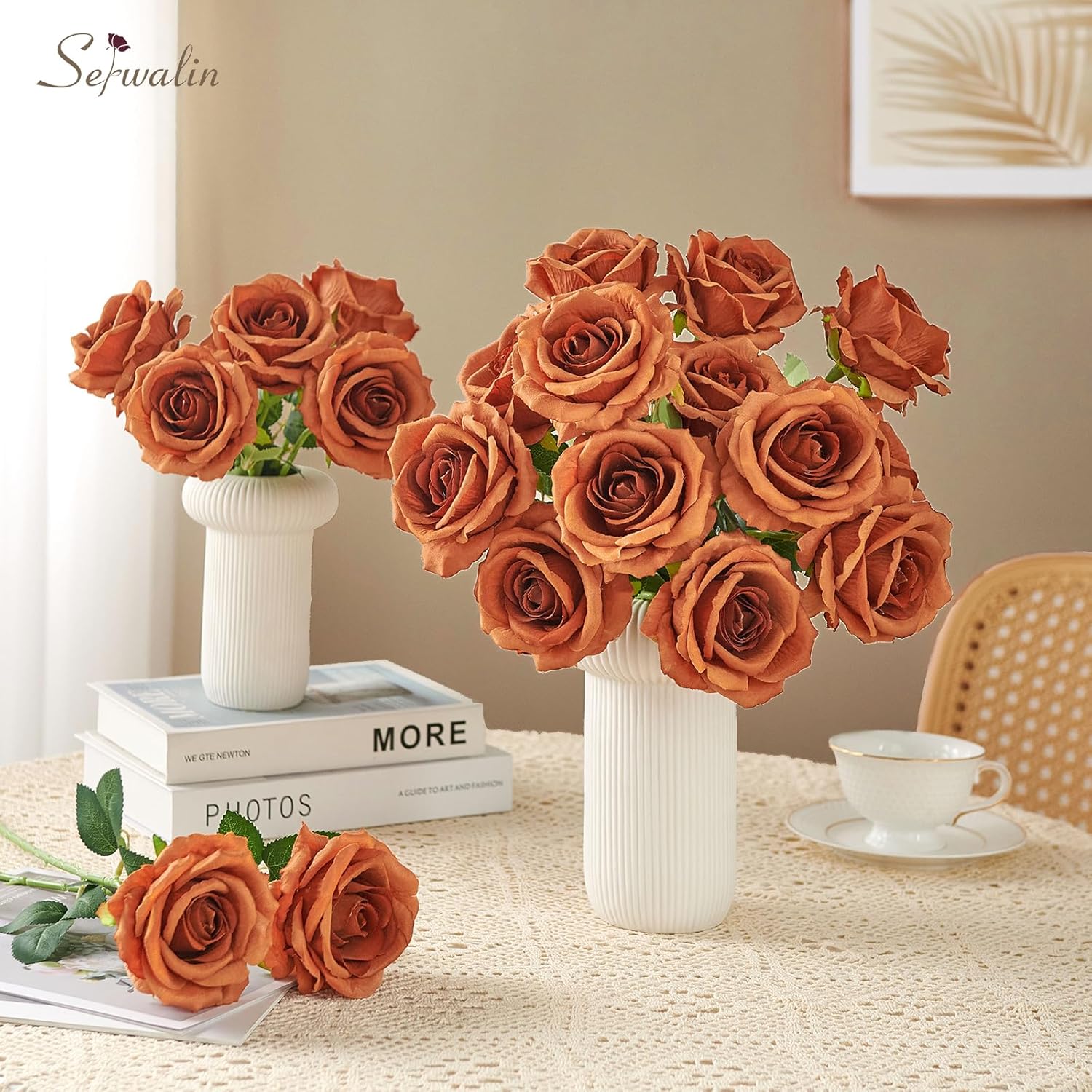 Serwalin 20pcs Artificial Burnt Orange Roses, 4'' Big Flower Head Fake Roses, Velvet Real Touch Roses, Silk Roses Long Stems for Home Decor Wedding Bouquet and Table Centerpiece