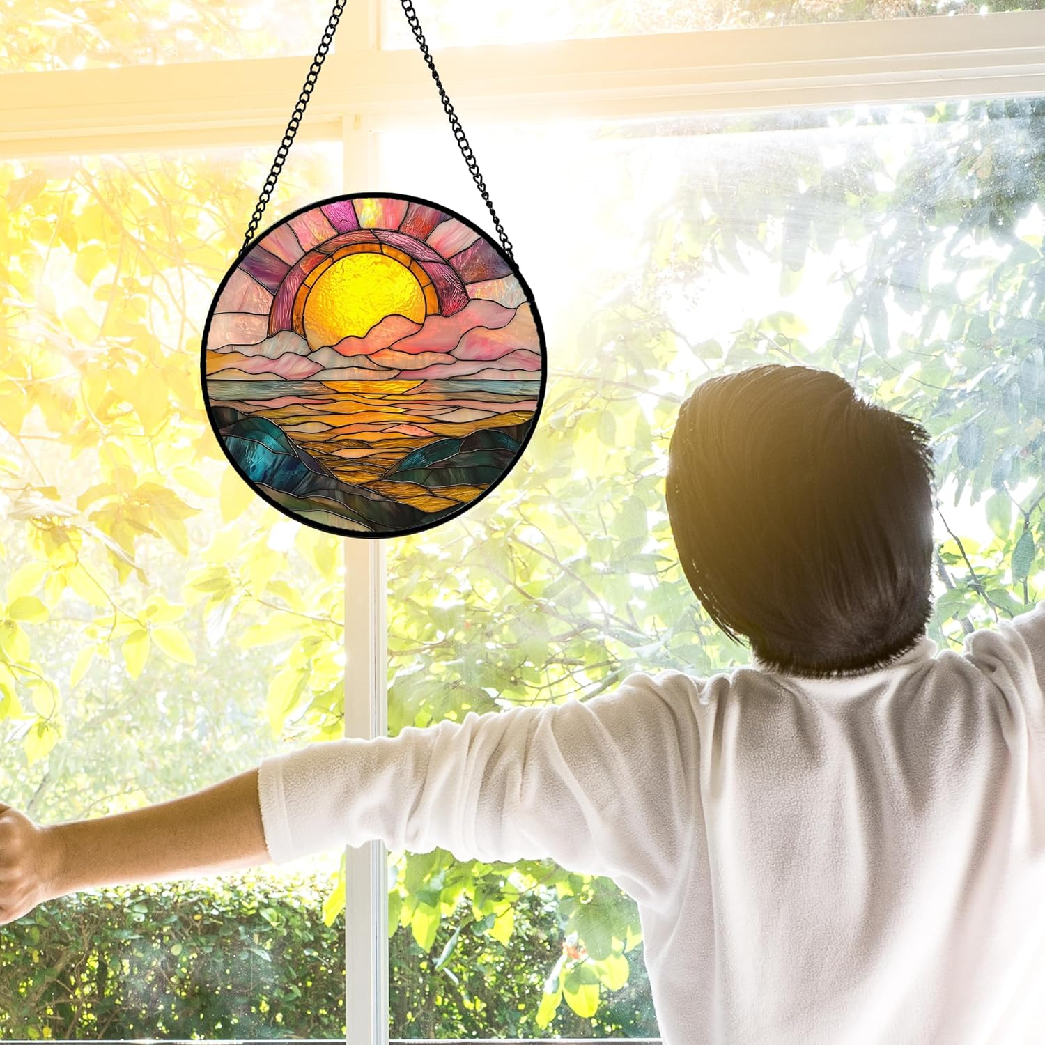 Stained Glass Window Hanging, Sunrise Over The Sea Suncatcher Diamond Glass Panel Hangings Abstract Sun Catchers Decor for Birthday for Women, Men, Wife, Aunt, and Mom 6.3 in