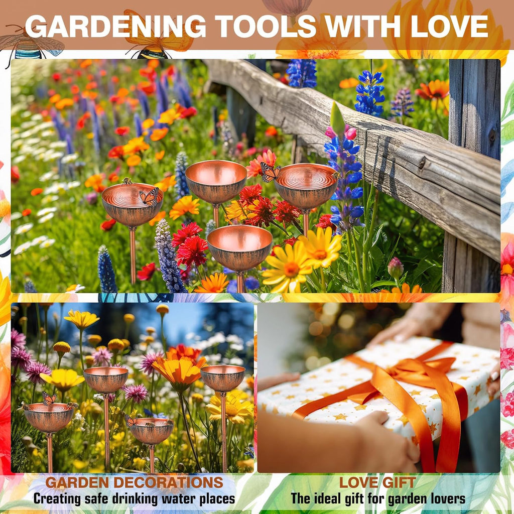 6 Pcs Bee Watering Station for Garden Bee Metal Watering Cups Butterfly Water Feeder Small Insects Bath Bowl Cups Metal Stakes for Outdoor Garden Decor, Copper