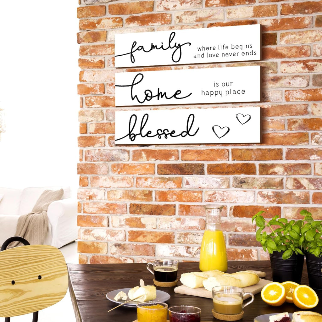 Jetec 3 Pieces Rustic Wood Sign Wall Decor Live Love Blessed Family and Love Quote Sign Farmhouse Wall Mount Decoration for Home Kitchen Living Room, 12 x 3 x 0.2 Inch(White, Black,Novel)