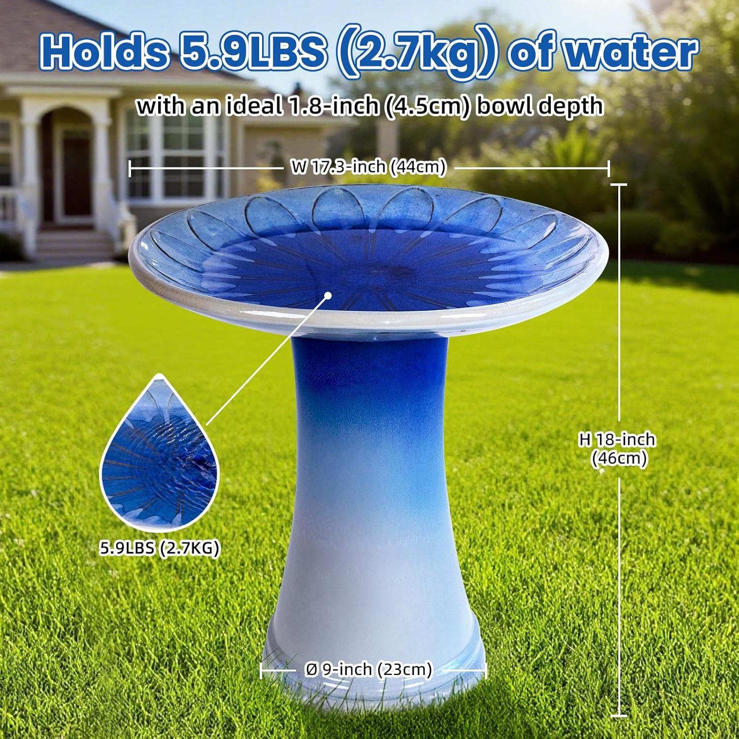 Ceramic Bird Bath for Outdoors – 18" H Birdbath Tool-Free Assembly, Hand-Glazed Earthenware with Non-Slip Bowl, Weather-Proof Sturdy Pedestal Design, Garden Decor (Blue)