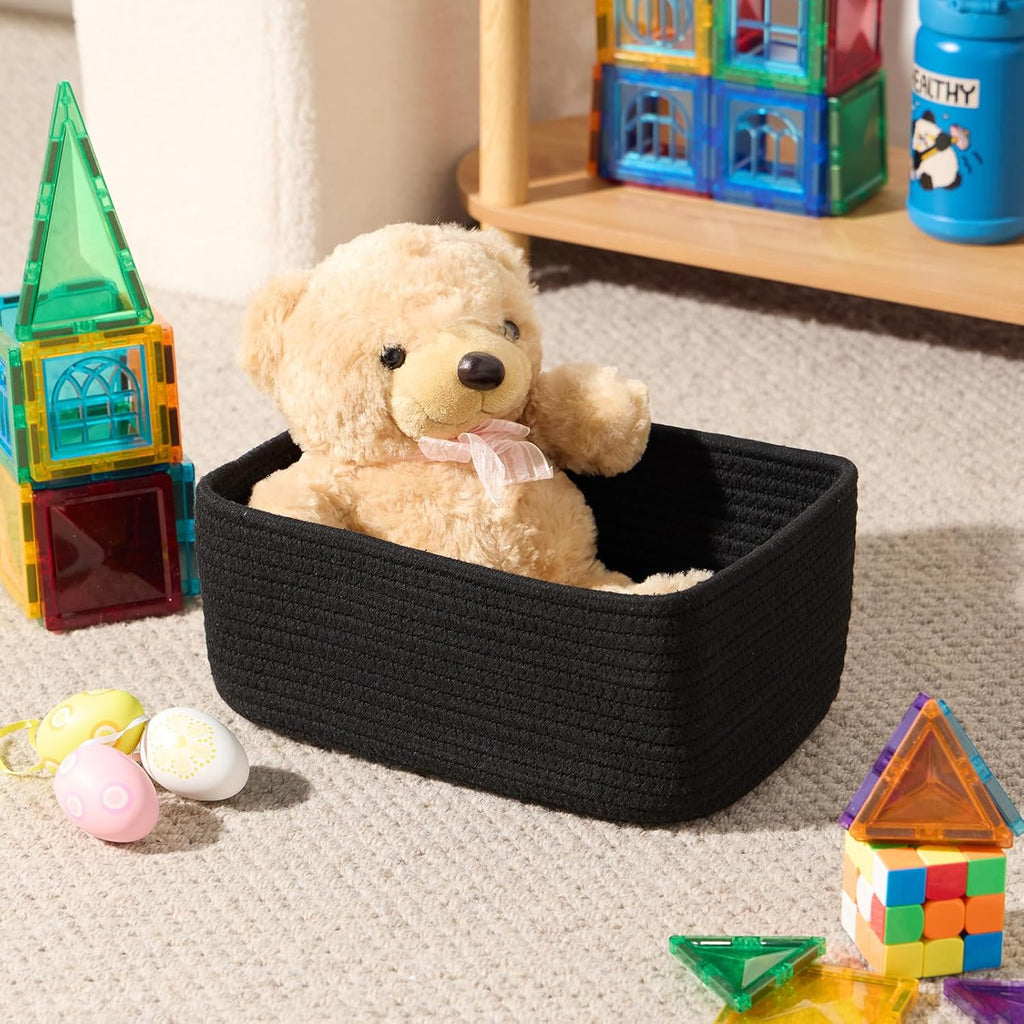 Small Storage Baskets for Organizing | Closet Organizer Bins | Shelf Toy Basket | Woven Rope Baskets | Cube Decorative Box | Shallow Basket | 11.5x7.5x4.7” | 3 Packs Black