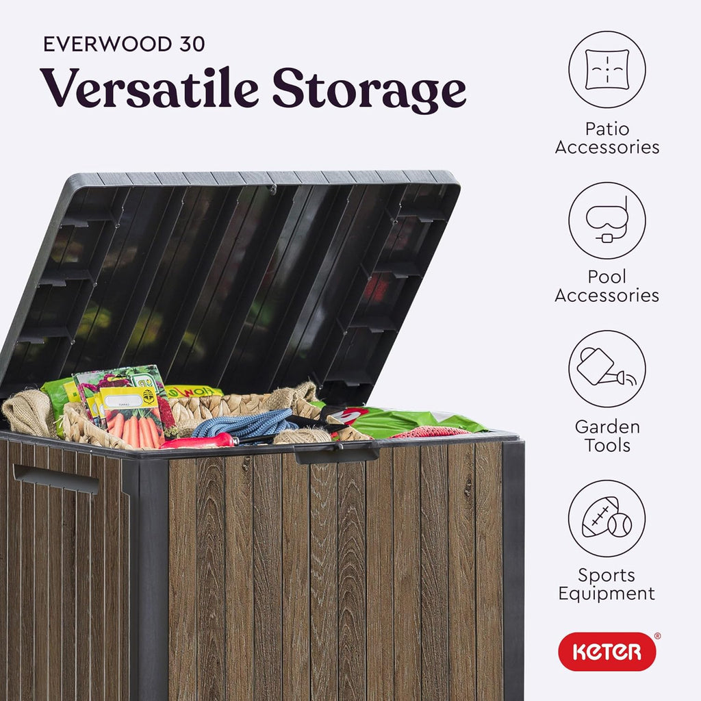 Keter Signature Everwood 30 Gallon Resin Outdoor Storage Box and Patio Furniture Side Table for Pool and Garden Accessories, Walnut