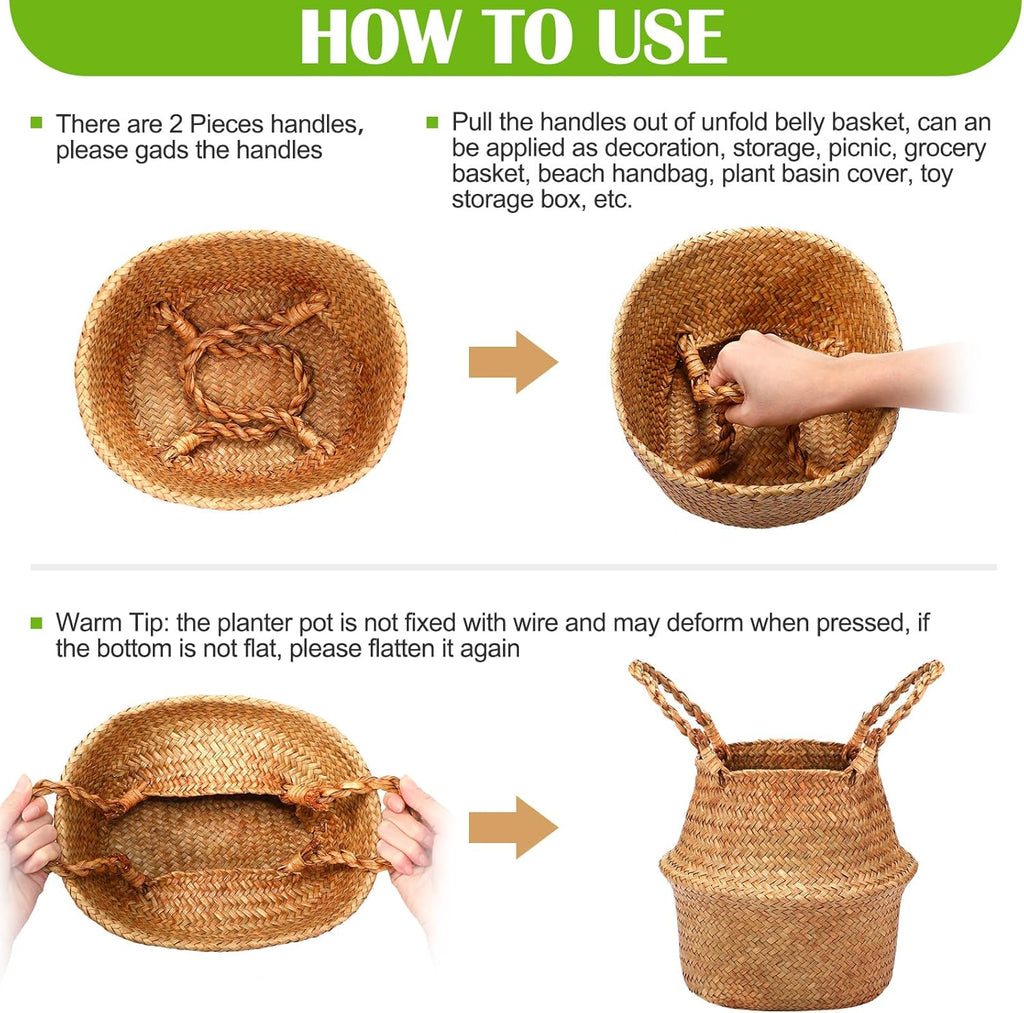 Qunclay Woven Seagrass Baskets Belly Basket Folding Boho Natural Plant Pot with Handles Round Decorative Wicker Large Indoor Planter for Home Outdoor Tree Planters Decor(12 x 11 Inch, 8 Pcs)