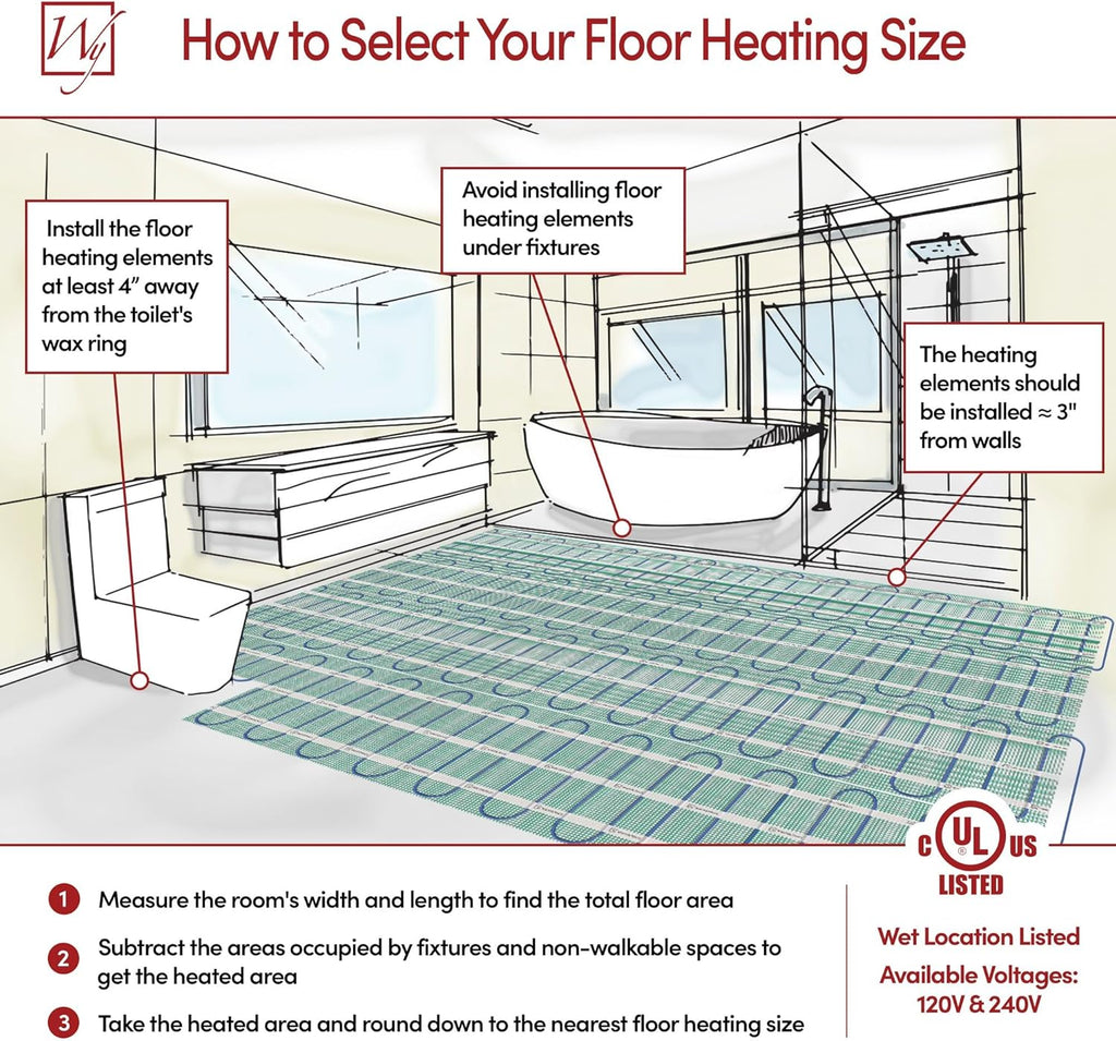 114 Sqft Heated Floor Mat Kit with Radiant Floor Heating System Thermostat UTN5, Two Sensors, Tester, 240V Electric Radiant Floor Heating Mat installs under Bathroom Tile, Vinyl - WarmlyYours TempZone