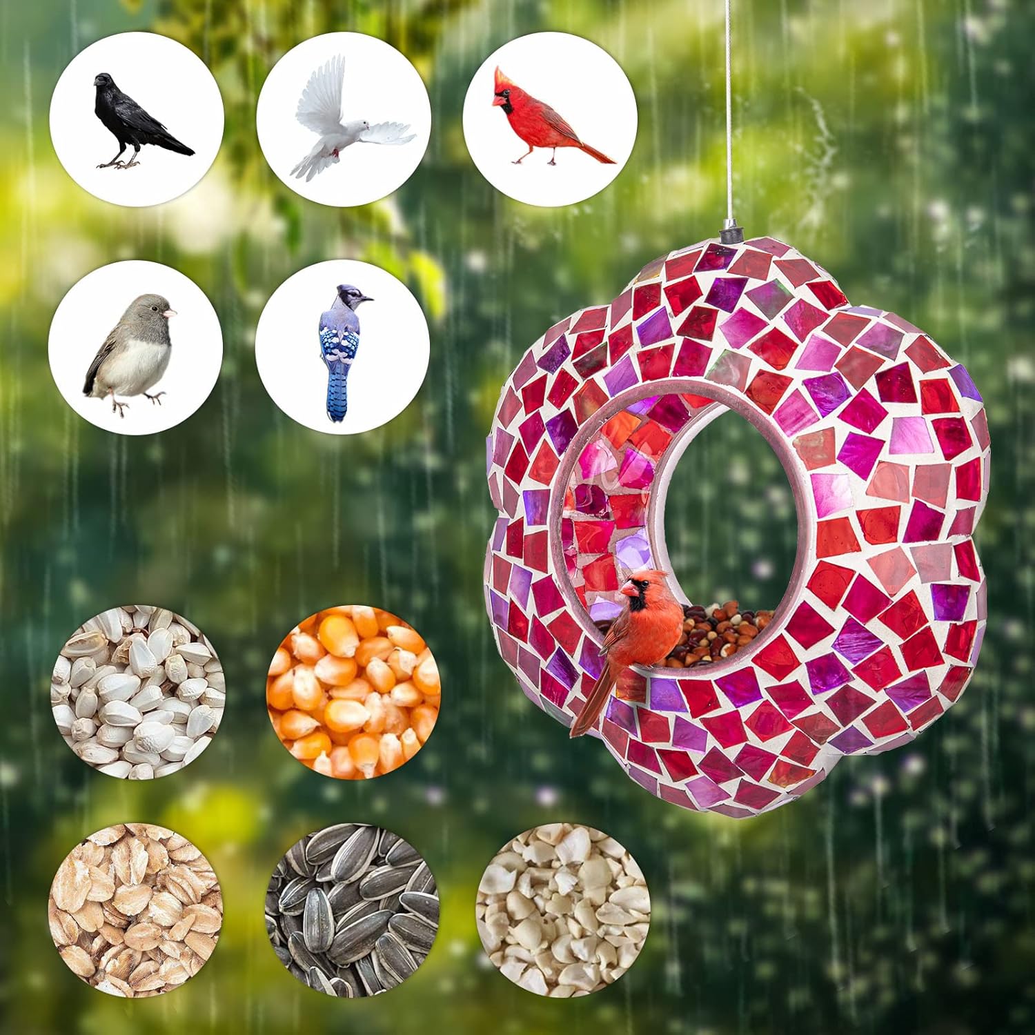 Yinns 9 inch Large Mosaic Bird Feeder, Fly Through Glass Bird Feeder, Hanging Bird Feeder with Oval Stained Glass for Outdoor Garden Decor