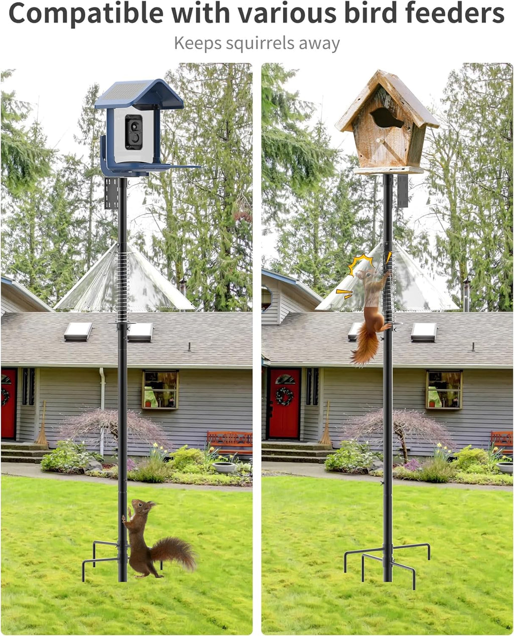 Bird Feeder Pole with Squirrel Baffle - 104 Inch Bird House Pole for Outdoors Heavy Duty, Squirrel Proof Baffle with Stainless Steel Spring for Better Defense, Slip-Fit Connection