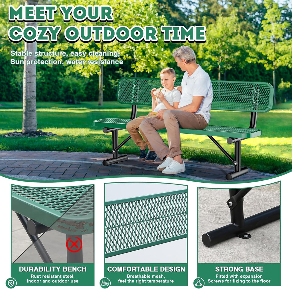 6Ft Heavy Duty Park Bench with Back Portable Frame, Outdoor Steel Bench with Backrest, Expanded Metal Mesh Bench for Lawn, Park, Deck, Garden, Patio, Porch, Green