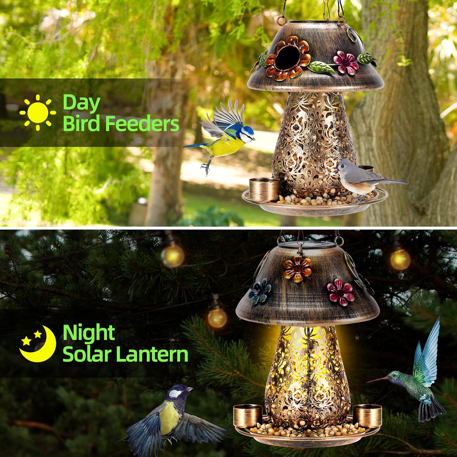 Mushroom Solar Bird Feeders for Outdoors Hanging Metal Wild Bird Feeder Garden Lantern with S Hook for Garden Decoration Brown