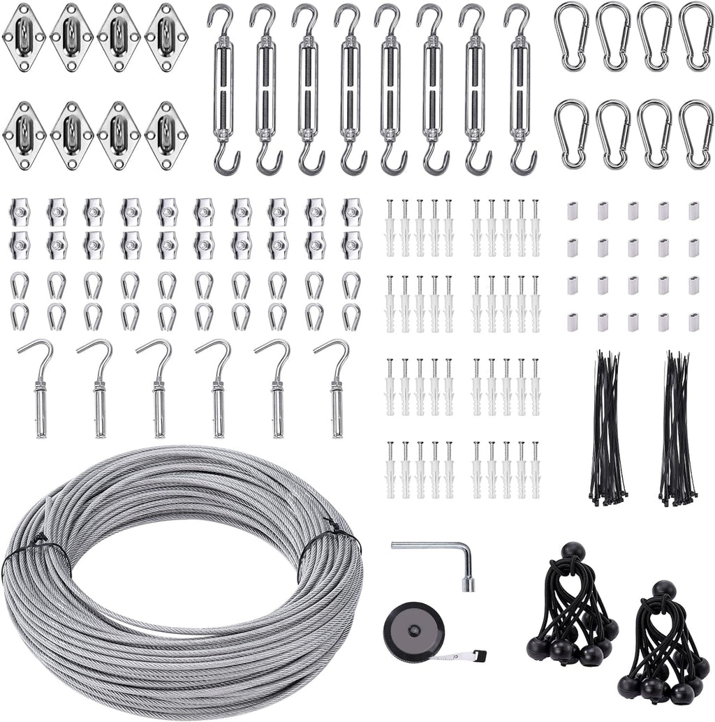 Shade Sail Hardware Kit 6 inch with 131FT 1/8" Wire Rope Kit for Triangle Rectangle Sun Shade Sail Outdoor Installation turnbuckles for Cables Wire for Outdoor,Garden,Kitchen,Craft,243PCS