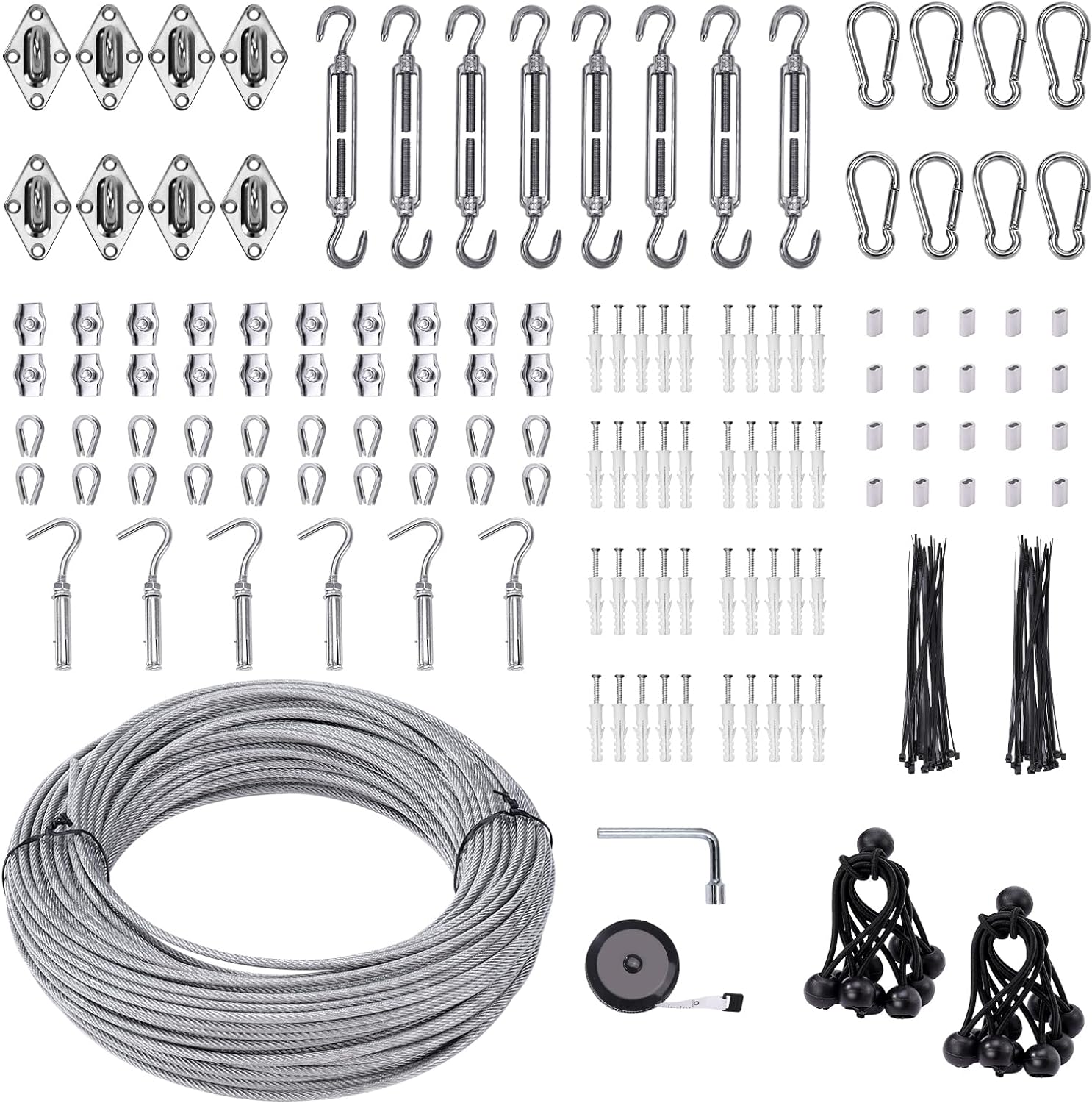 Shade Sail Hardware Kit 6 inch with 131FT 1/8" Wire Rope Kit for Triangle Rectangle Sun Shade Sail Outdoor Installation turnbuckles for Cables Wire for Outdoor,Garden,Kitchen,Craft,243PCS