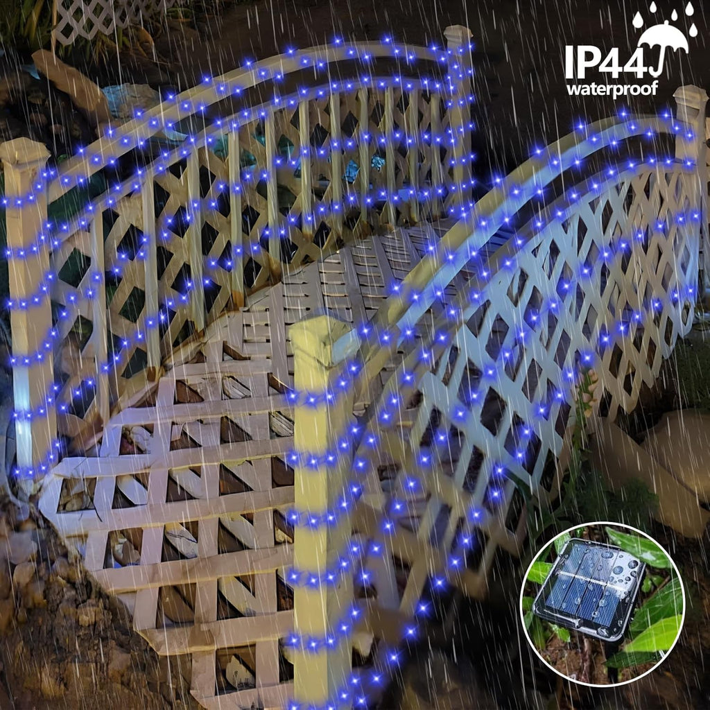 QITONG Blue Solar Fairy Lights Outdoor Waterproof, 2 Pack Each 66ft 200 LED Solar String Lights, 8 Modes Silver Wire Christmas Twinkle Mini Lights