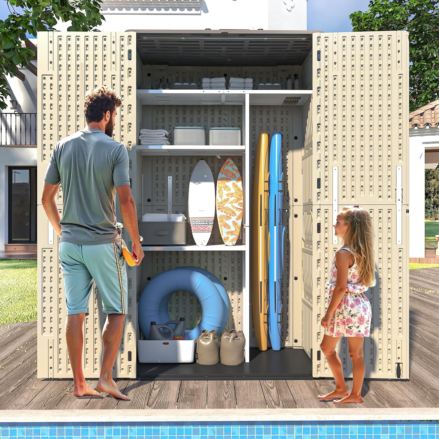 60 Cu.Ft Vertical Outdoor Storage Shed, All-Weather Resin Storage Cabinet Waterproof with Lockable Floor, Tall Backyard Shed for Patio Furniture, Garage, Garden, Pool Accessories, Porch (Khaki)